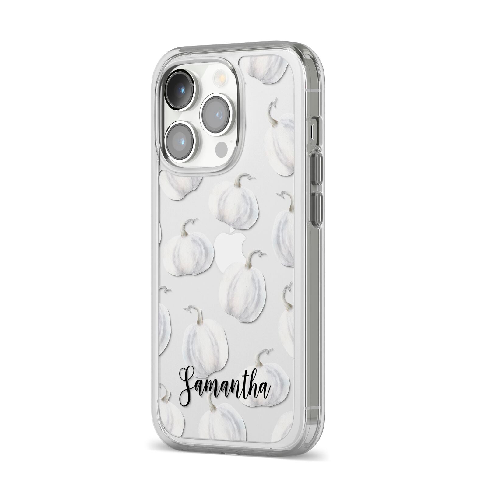 Monochrome Pumpkins with Text iPhone 14 Pro Clear Tough Case Silver Angled Image