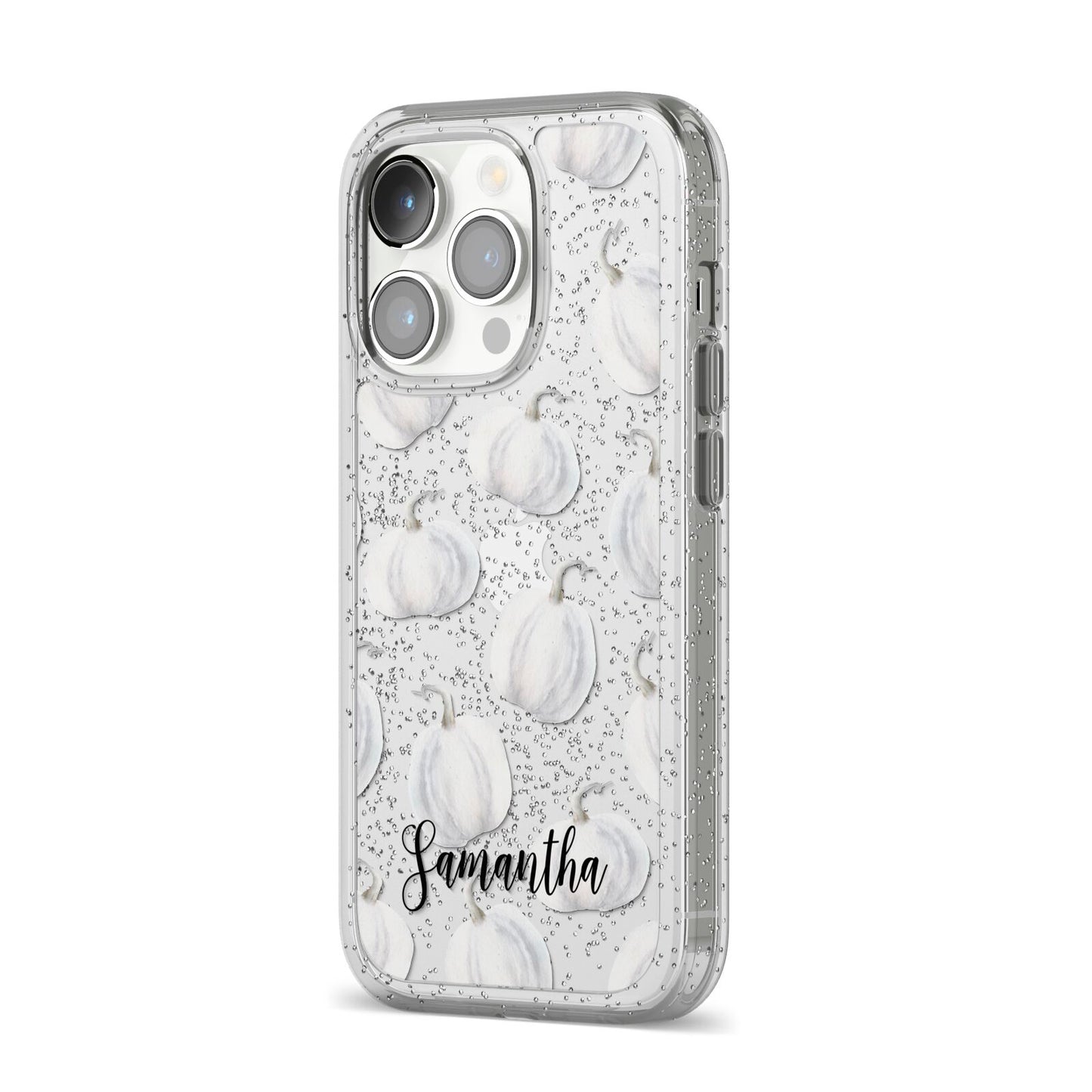 Monochrome Pumpkins with Text iPhone 14 Pro Glitter Tough Case Silver Angled Image