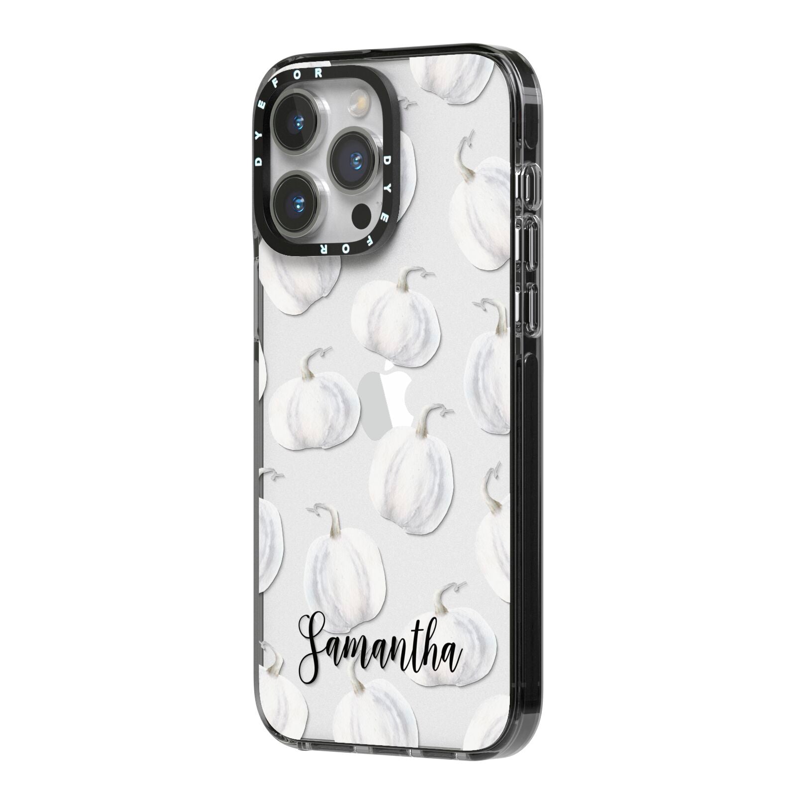 Monochrome Pumpkins with Text iPhone 14 Pro Max Black Impact Case Side Angle on Silver phone