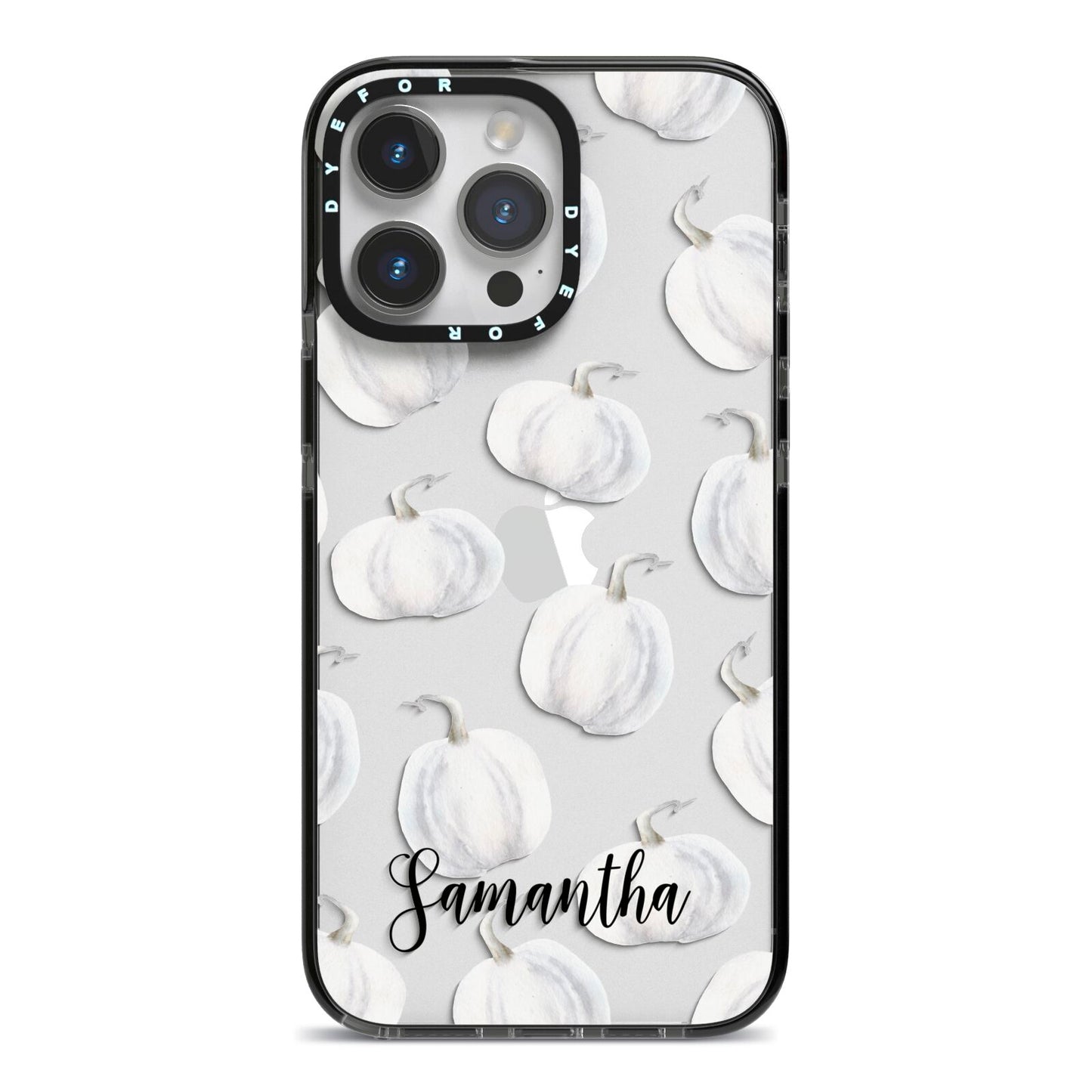 Monochrome Pumpkins with Text iPhone 14 Pro Max Black Impact Case on Silver phone
