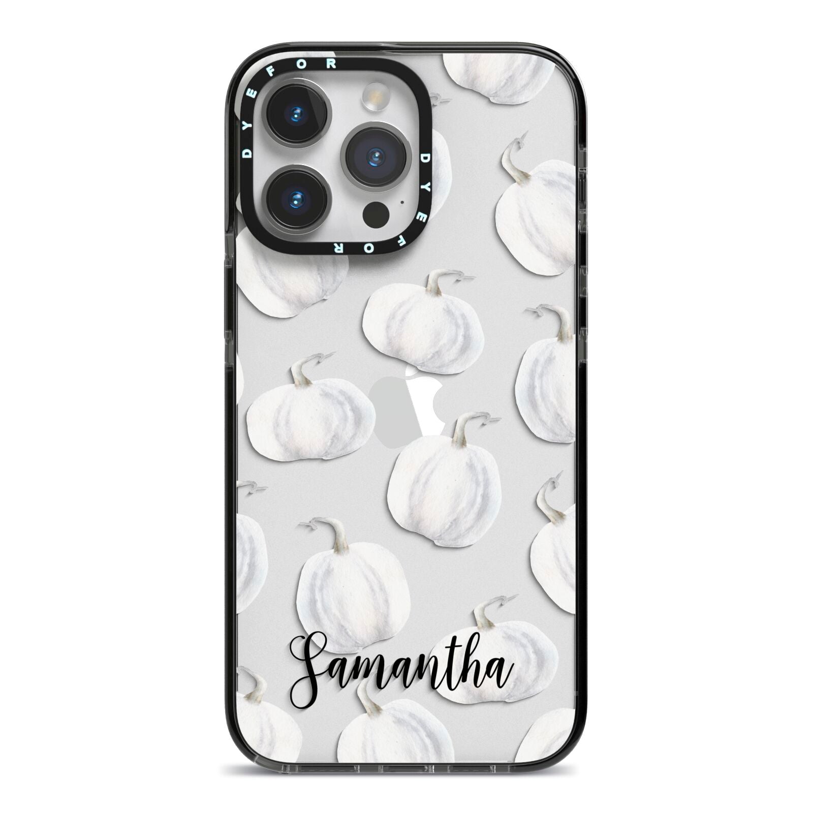 Monochrome Pumpkins with Text iPhone 14 Pro Max Black Impact Case on Silver phone