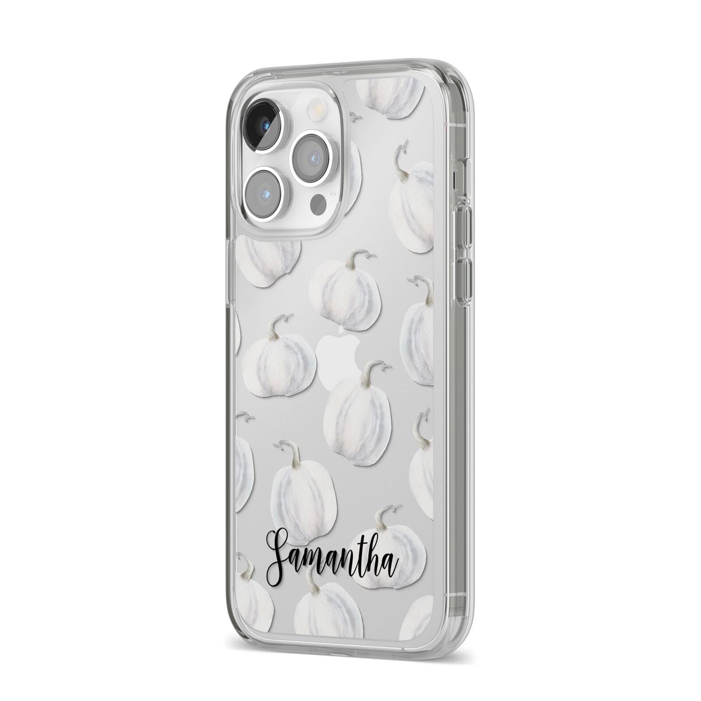 Monochrome Pumpkins with Text iPhone 14 Pro Max Clear Tough Case Silver Angled Image