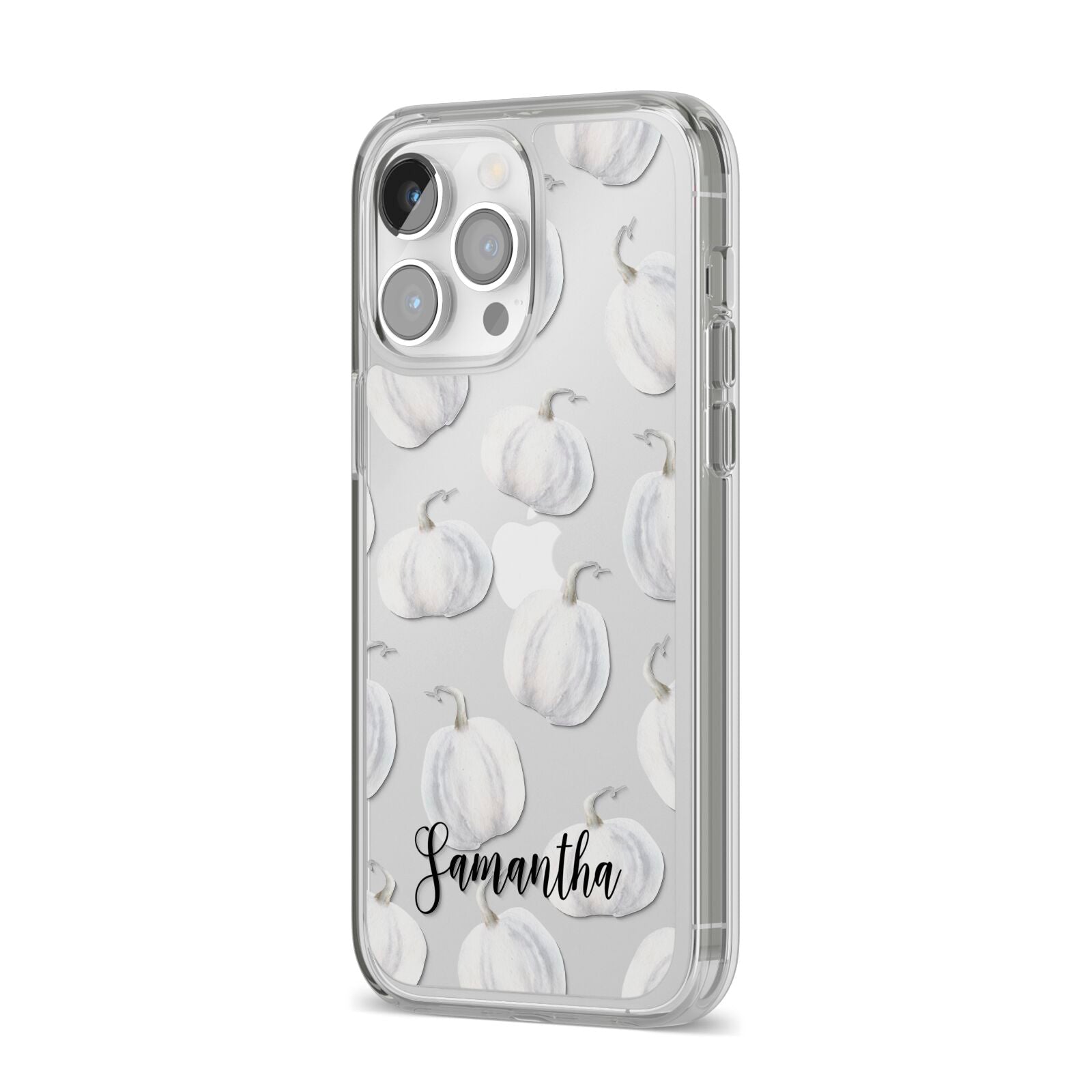 Monochrome Pumpkins with Text iPhone 14 Pro Max Clear Tough Case Silver Angled Image