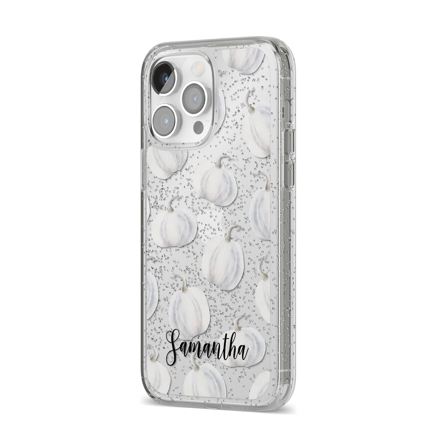 Monochrome Pumpkins with Text iPhone 14 Pro Max Glitter Tough Case Silver Angled Image