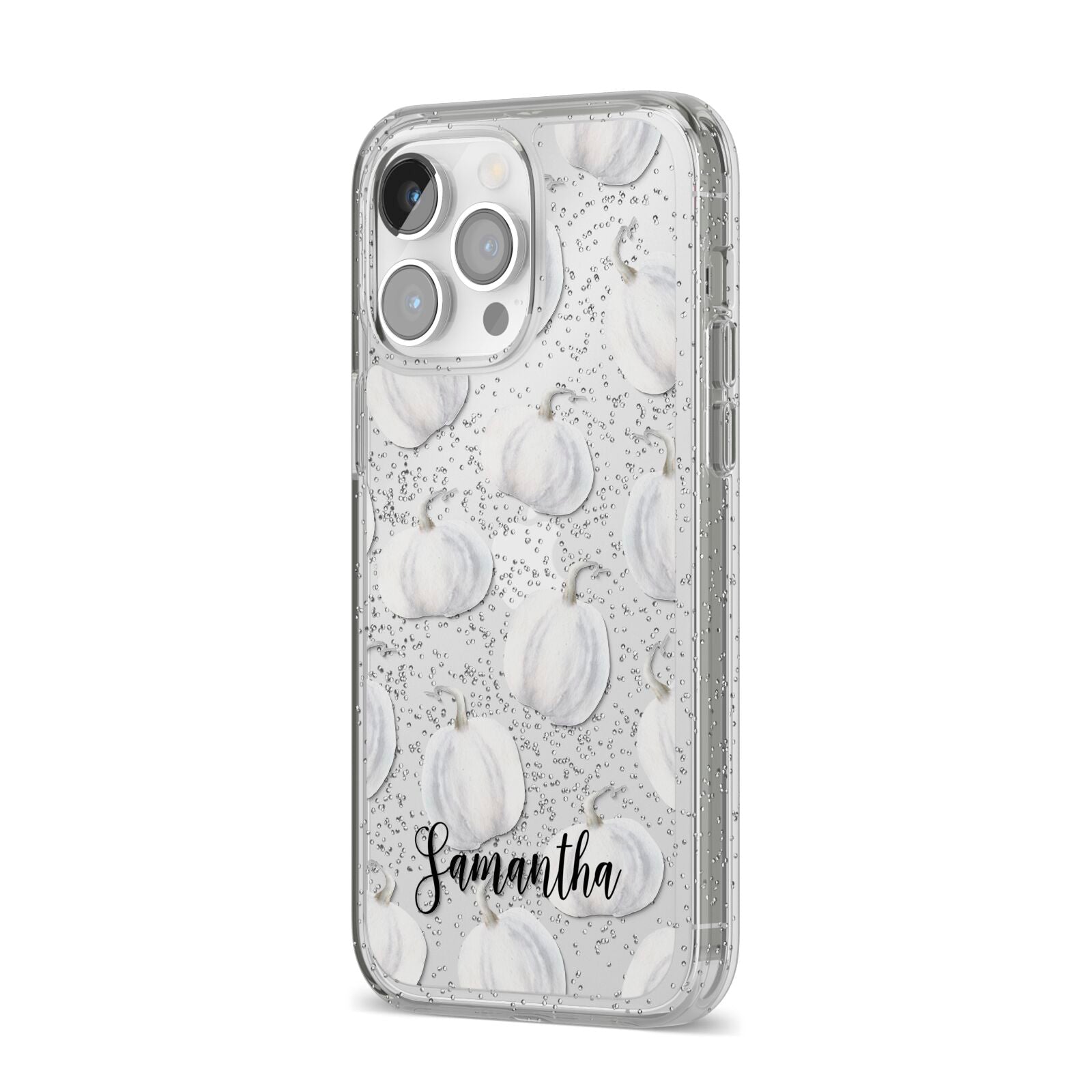 Monochrome Pumpkins with Text iPhone 14 Pro Max Glitter Tough Case Silver Angled Image