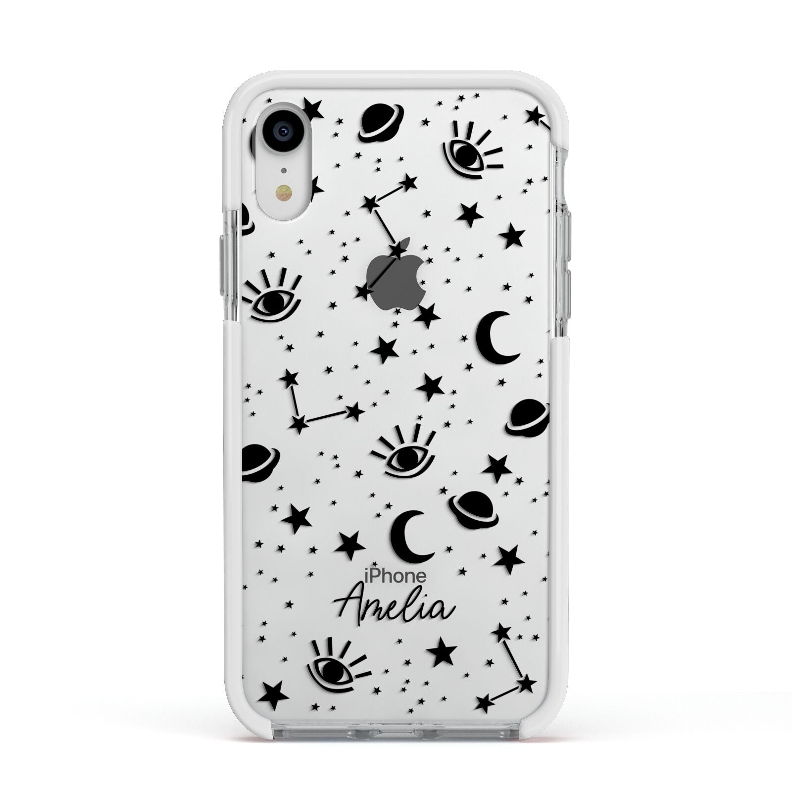 Monochrome Zodiac Constellations with Name Apple iPhone XR Impact Case White Edge on Silver Phone