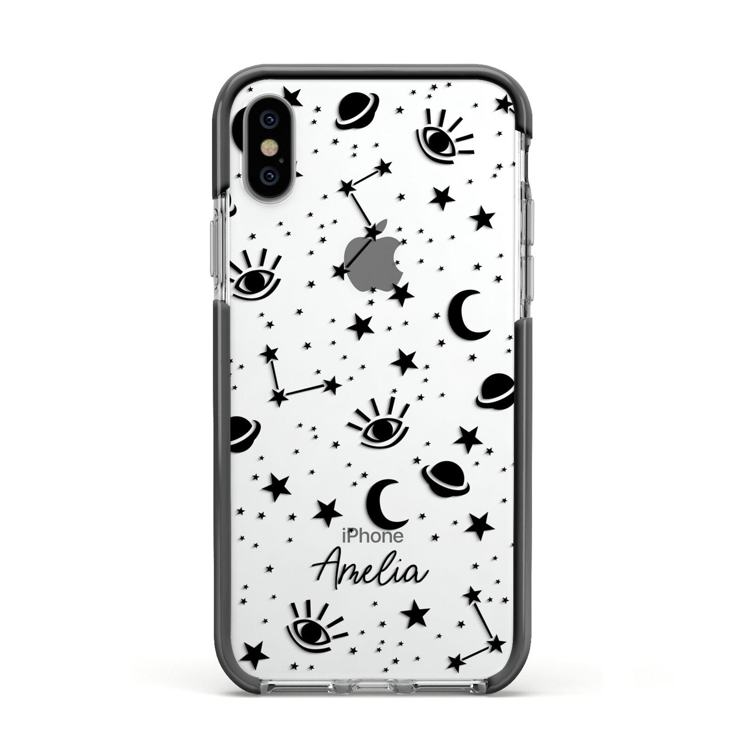 Monochrome Zodiac Constellations with Name Apple iPhone Xs Impact Case Black Edge on Silver Phone
