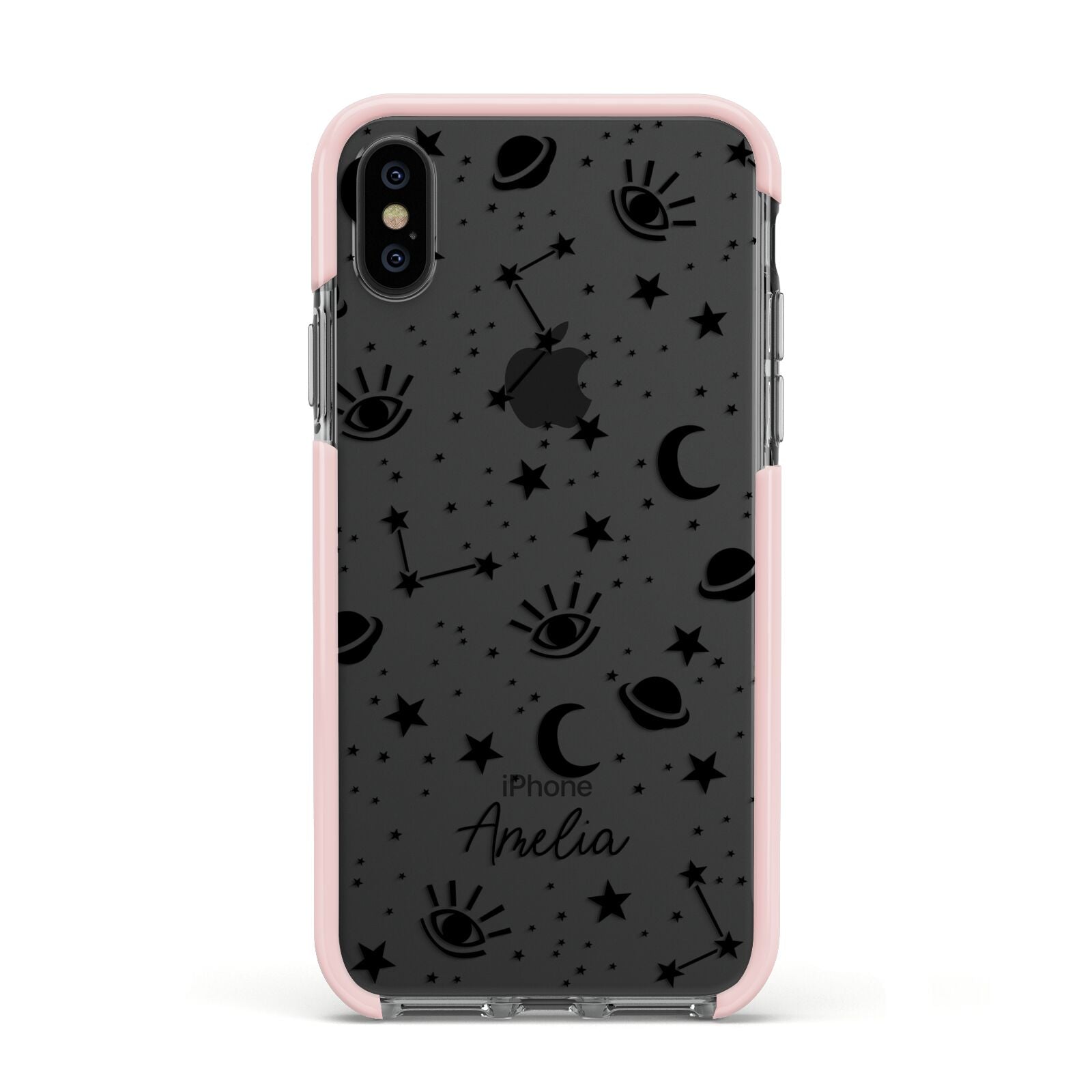 Monochrome Zodiac Constellations with Name Apple iPhone Xs Impact Case Pink Edge on Black Phone
