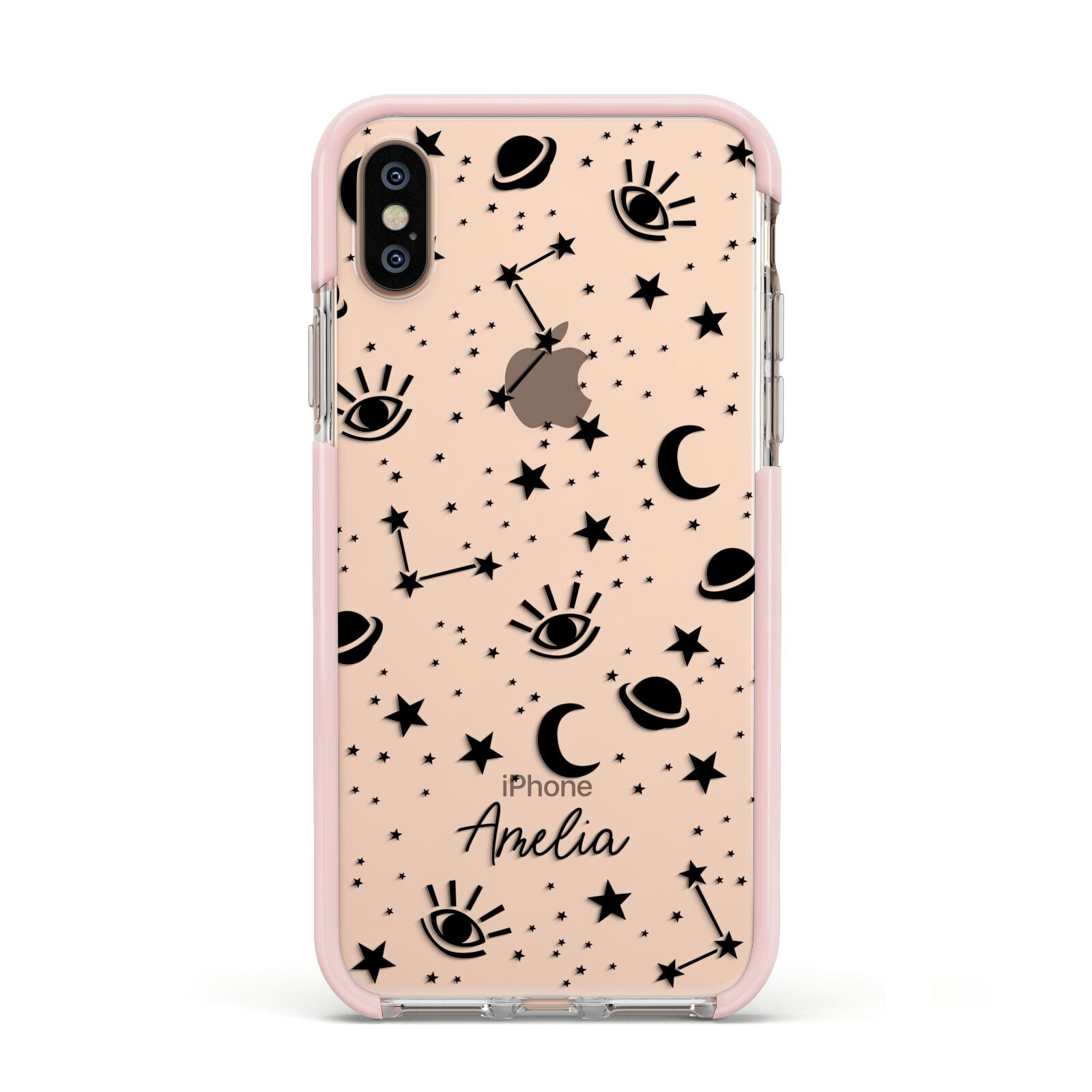 Monochrome Zodiac Constellations with Name Apple iPhone Xs Impact Case Pink Edge on Gold Phone