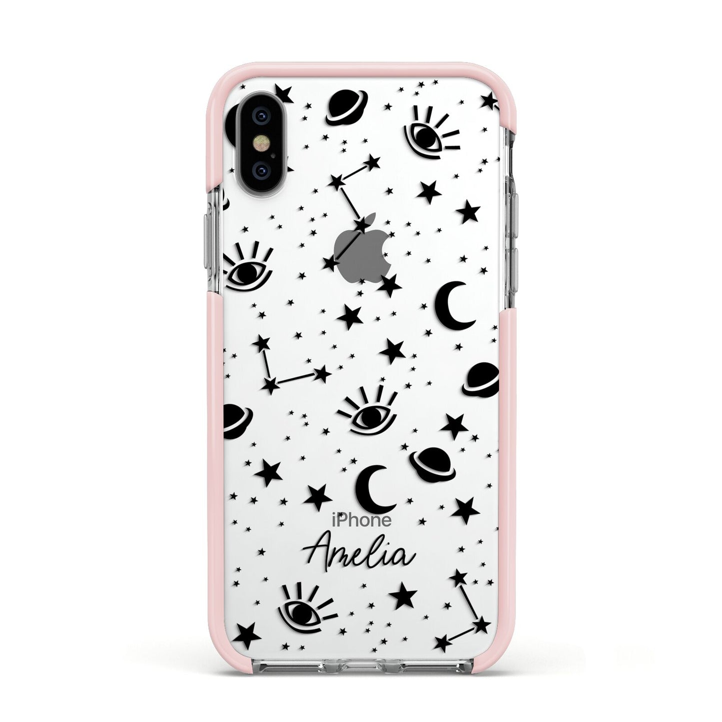 Monochrome Zodiac Constellations with Name Apple iPhone Xs Impact Case Pink Edge on Silver Phone
