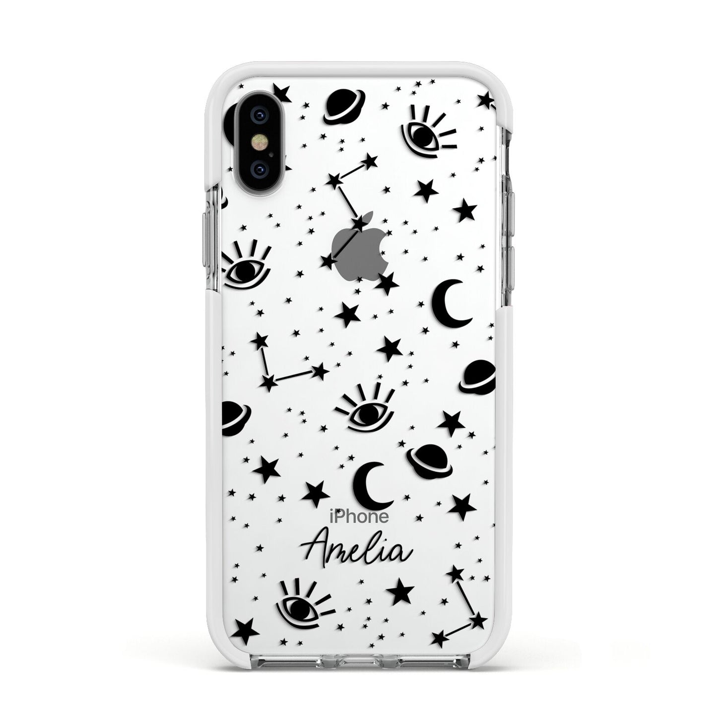 Monochrome Zodiac Constellations with Name Apple iPhone Xs Impact Case White Edge on Silver Phone