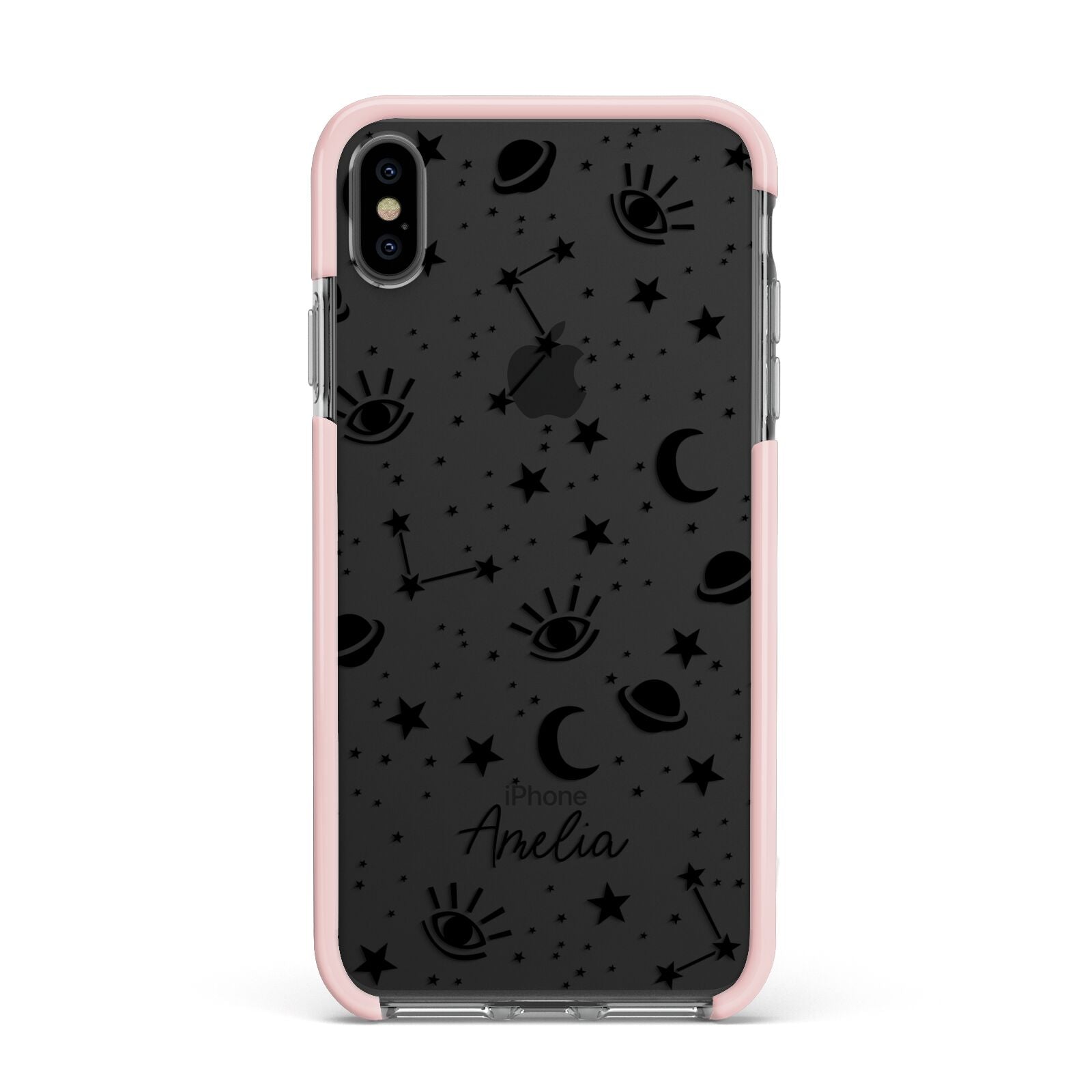 Monochrome Zodiac Constellations with Name Apple iPhone Xs Max Impact Case Pink Edge on Black Phone