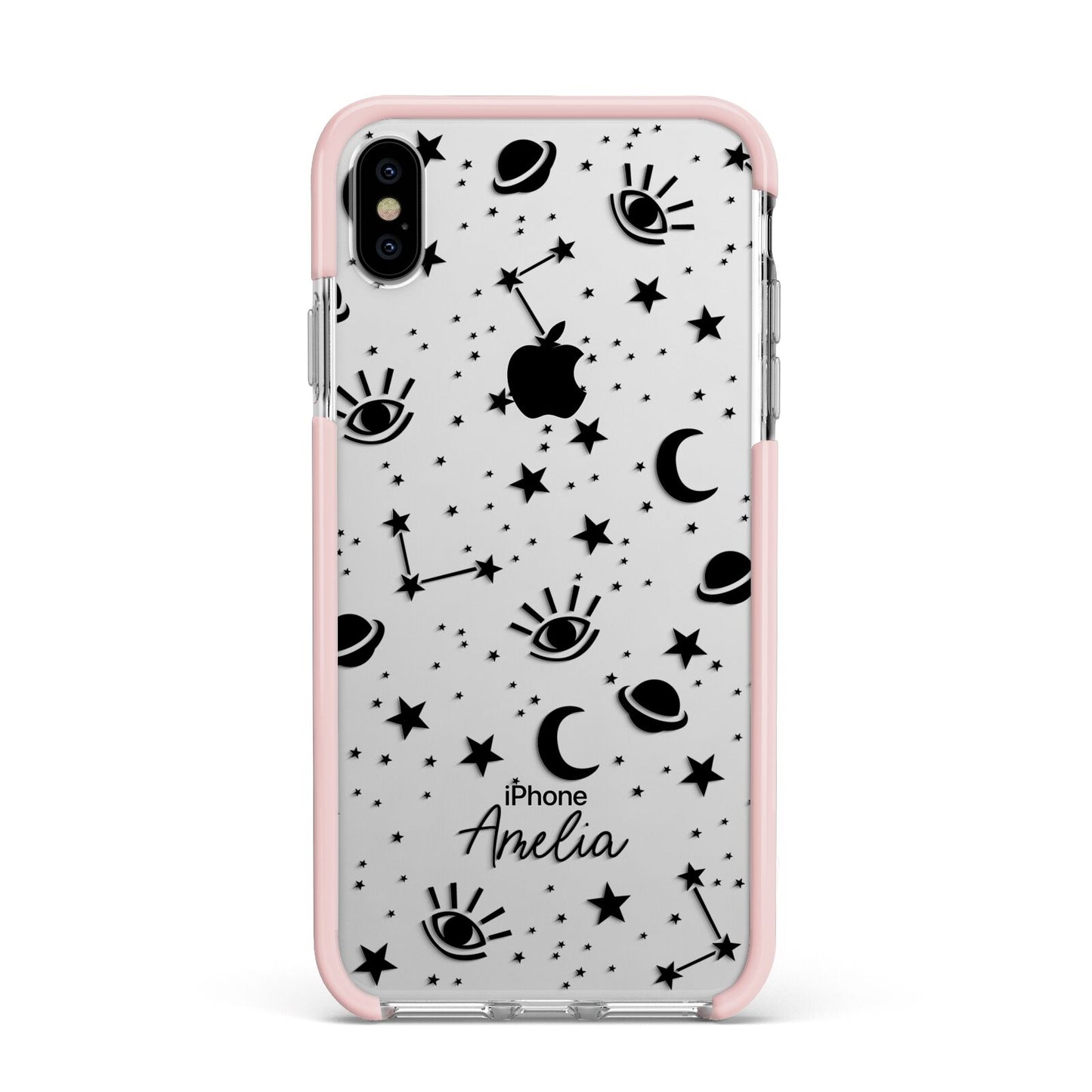 Monochrome Zodiac Constellations with Name Apple iPhone Xs Max Impact Case Pink Edge on Silver Phone