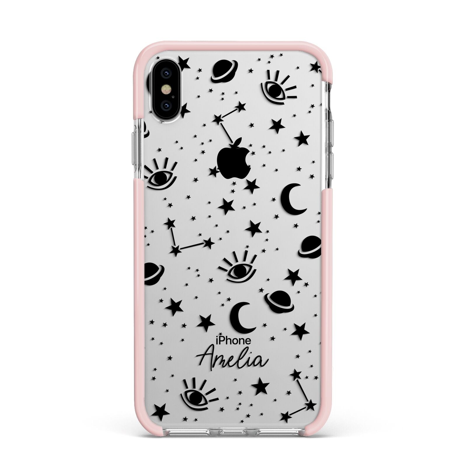 Monochrome Zodiac Constellations with Name Apple iPhone Xs Max Impact Case Pink Edge on Silver Phone