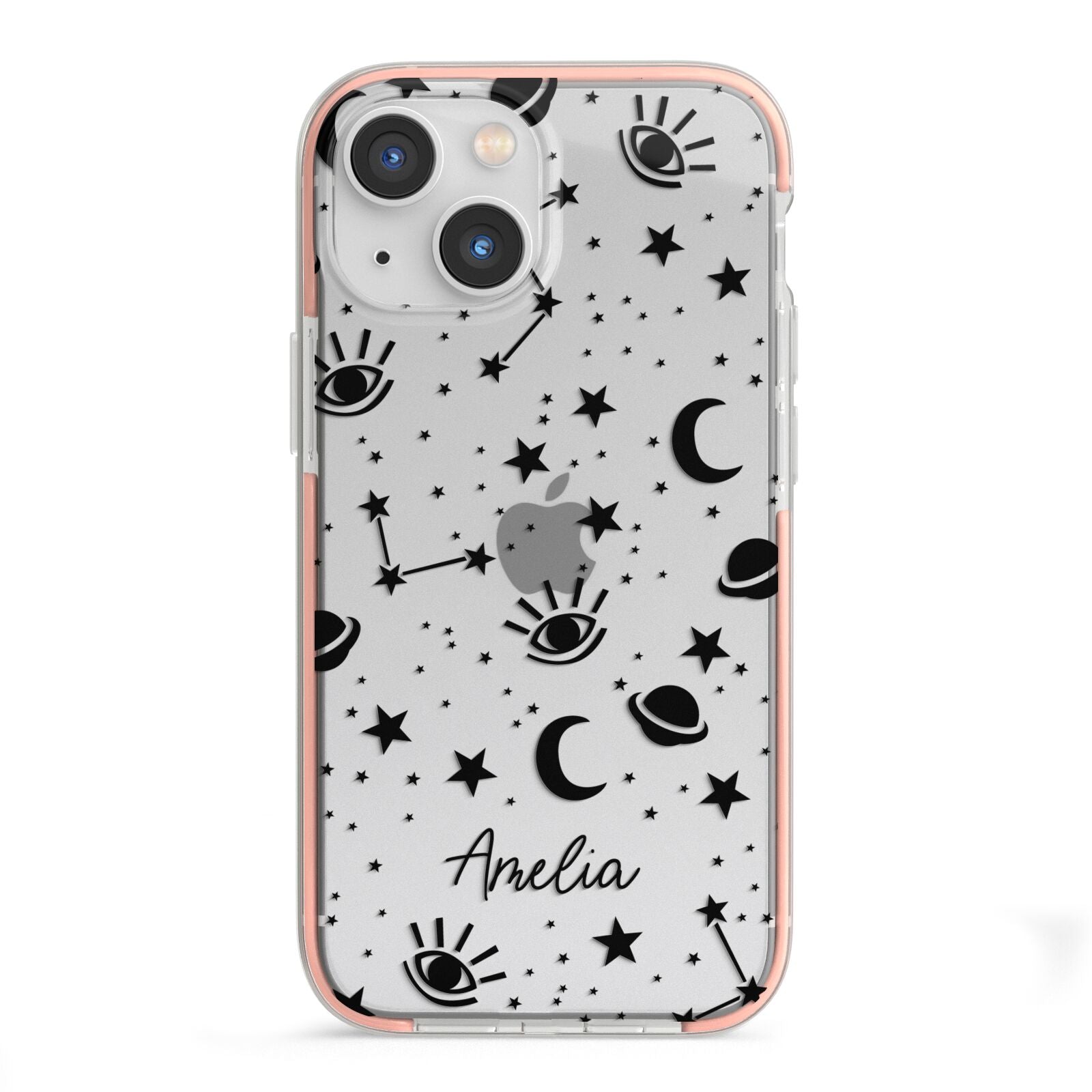 Monochrome Zodiac Constellations with Name iPhone 13 Mini TPU Impact Case with Pink Edges