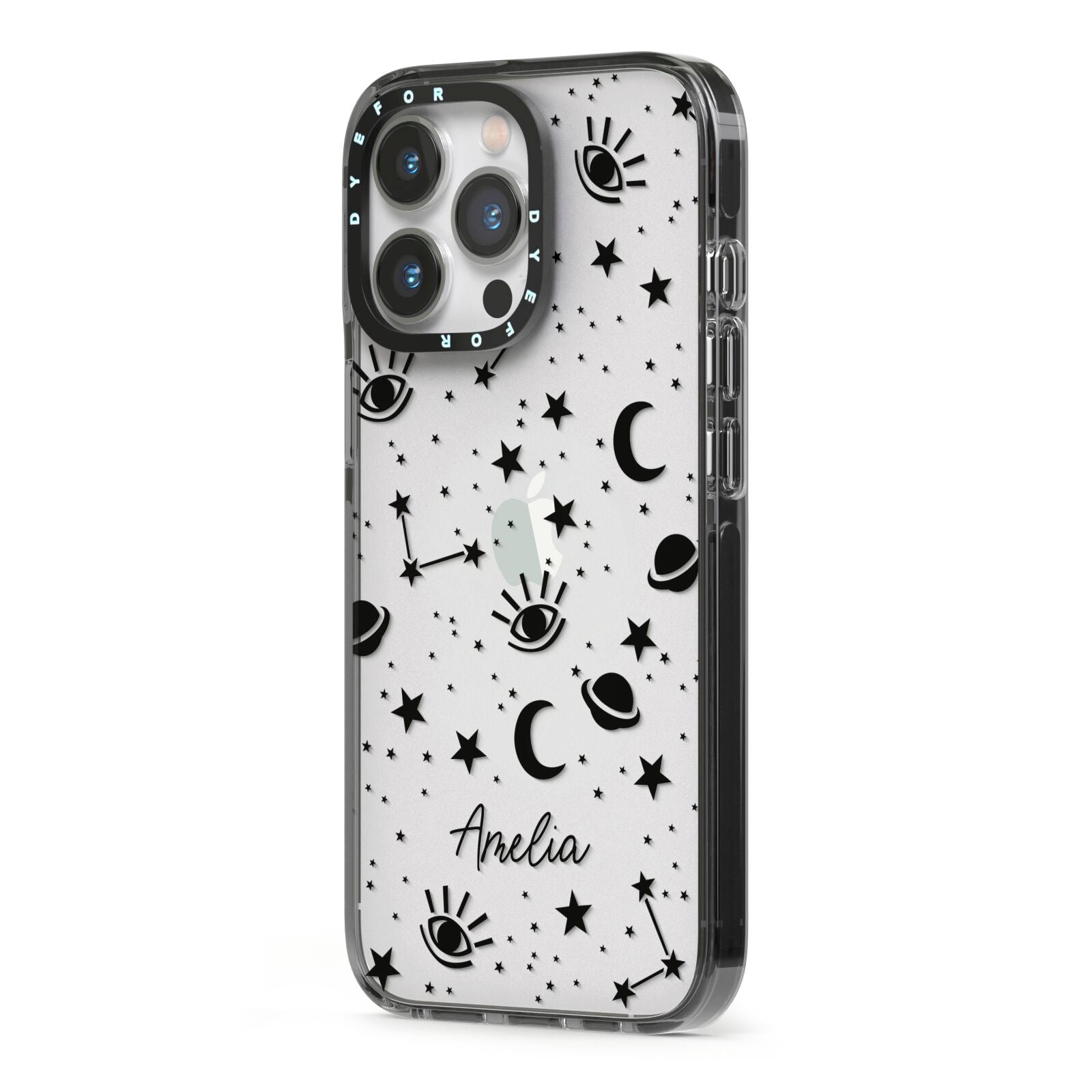 Monochrome Zodiac Constellations with Name iPhone 13 Pro Black Impact Case Side Angle on Silver phone