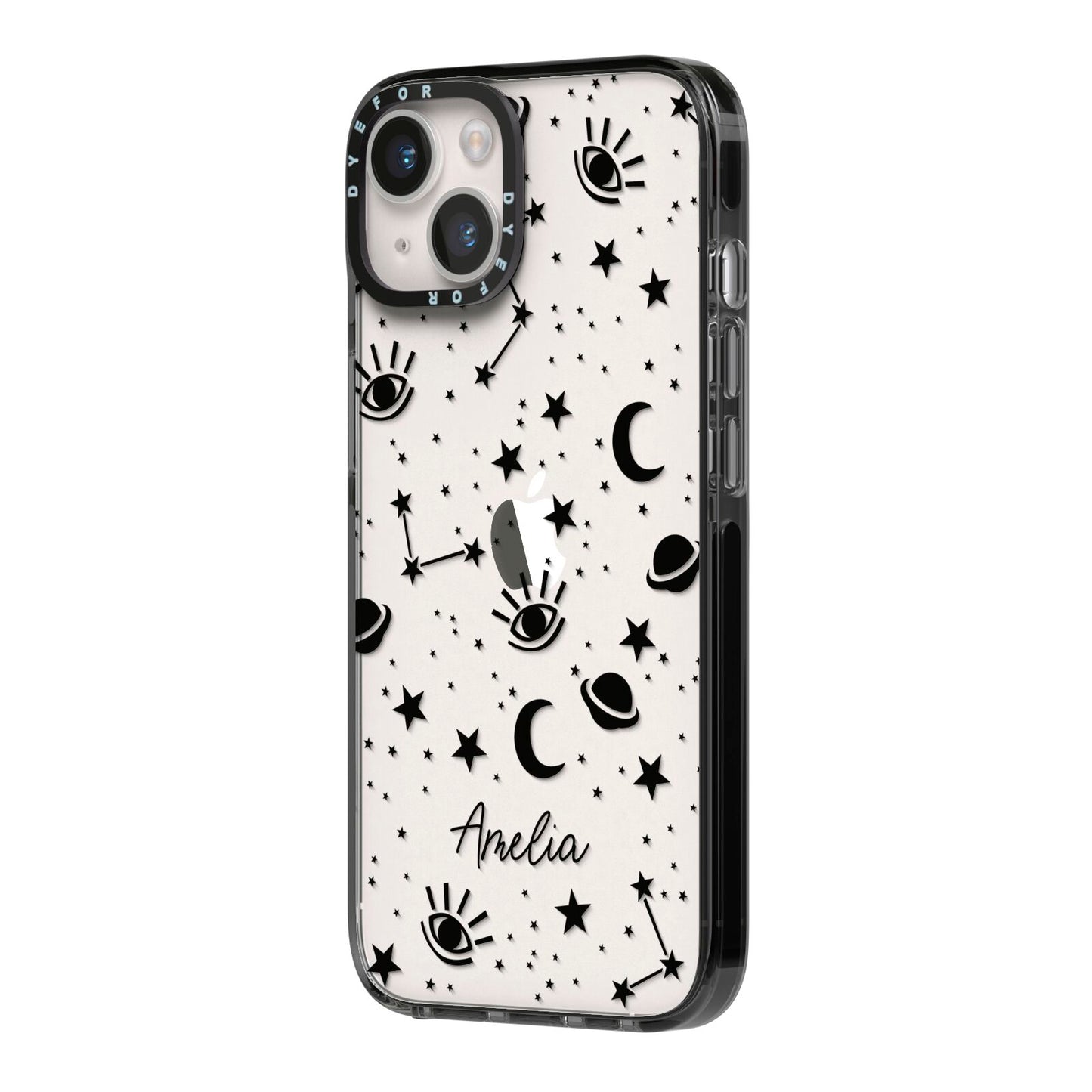 Monochrome Zodiac Constellations with Name iPhone 14 Black Impact Case Side Angle on Silver phone