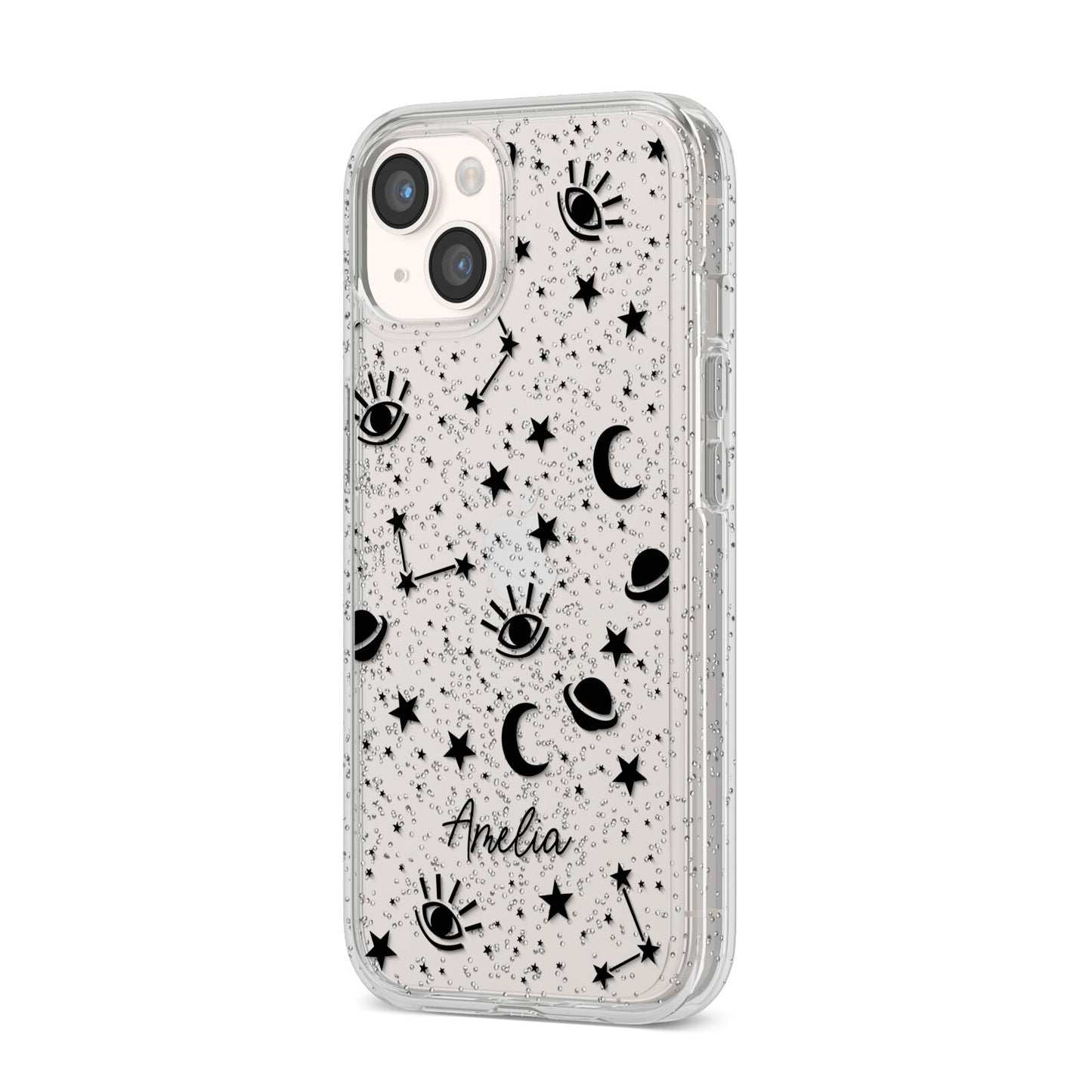 Monochrome Zodiac Constellations with Name iPhone 14 Glitter Tough Case Starlight Angled Image