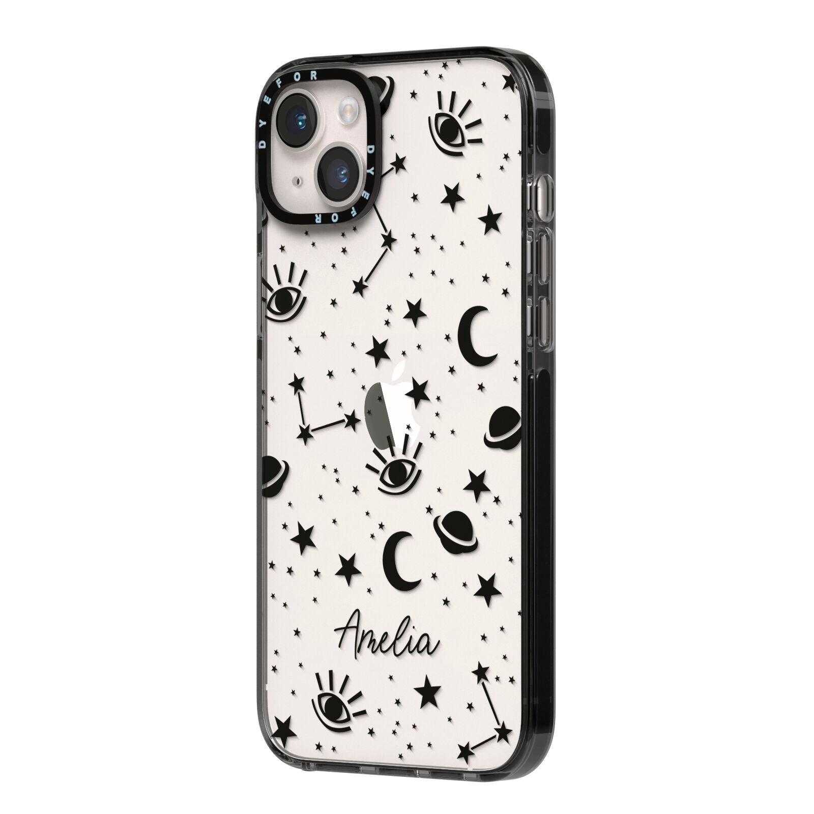 Monochrome Zodiac Constellations with Name iPhone 14 Plus Black Impact Case Side Angle on Silver phone