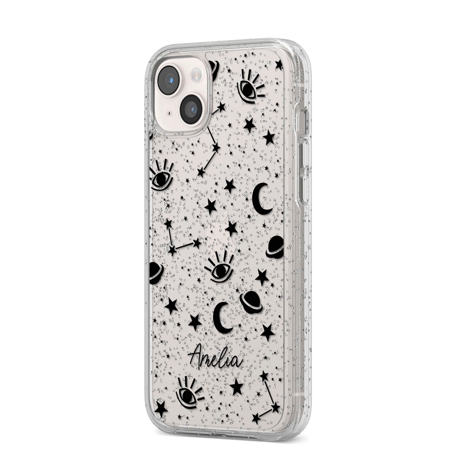 Monochrome Zodiac Constellations with Name iPhone 14 Plus Glitter Tough Case Starlight Angled Image