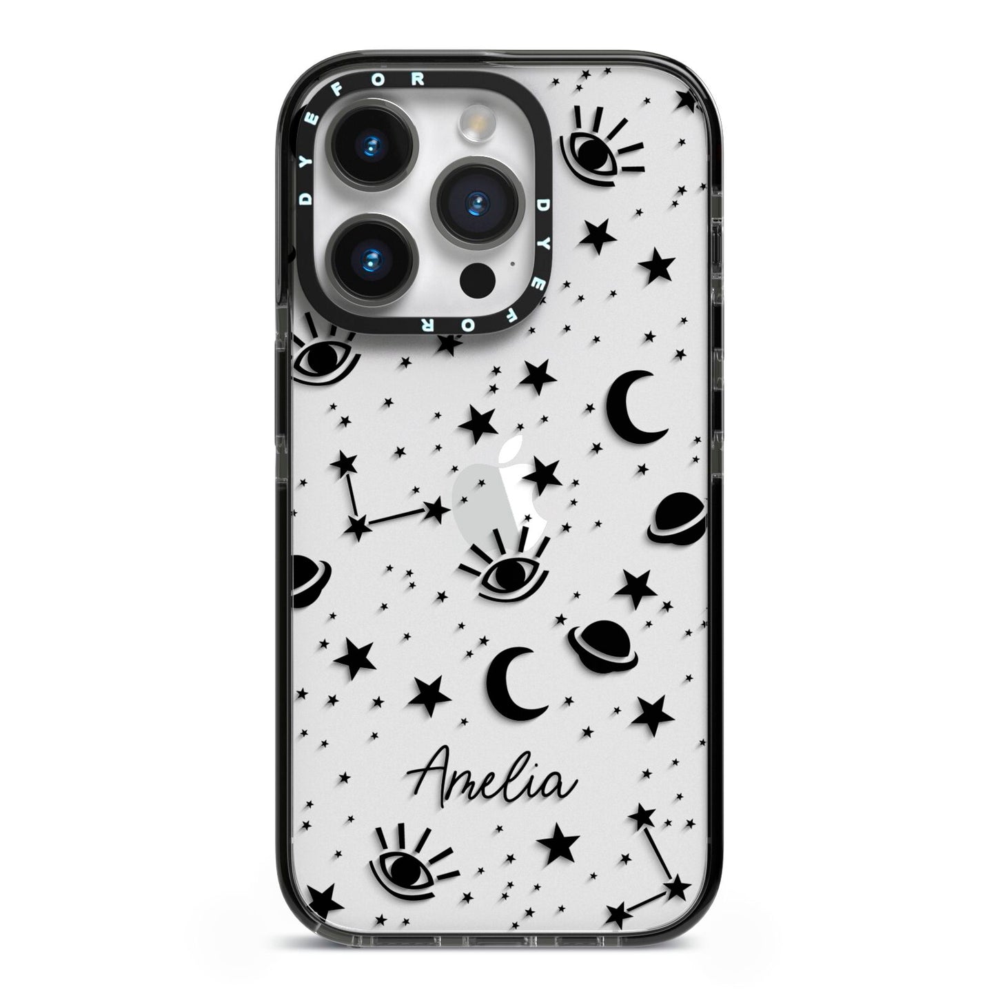 Monochrome Zodiac Constellations with Name iPhone 14 Pro Black Impact Case on Silver phone