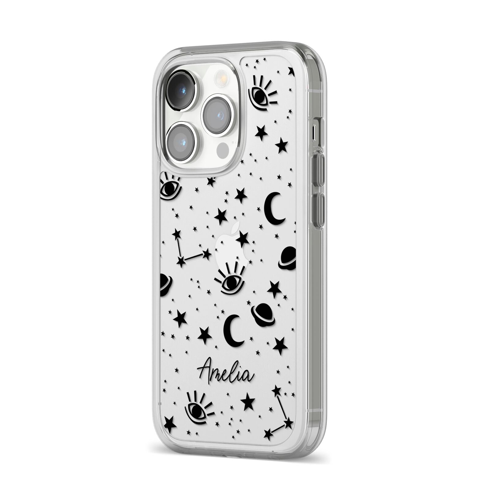 Monochrome Zodiac Constellations with Name iPhone 14 Pro Clear Tough Case Silver Angled Image