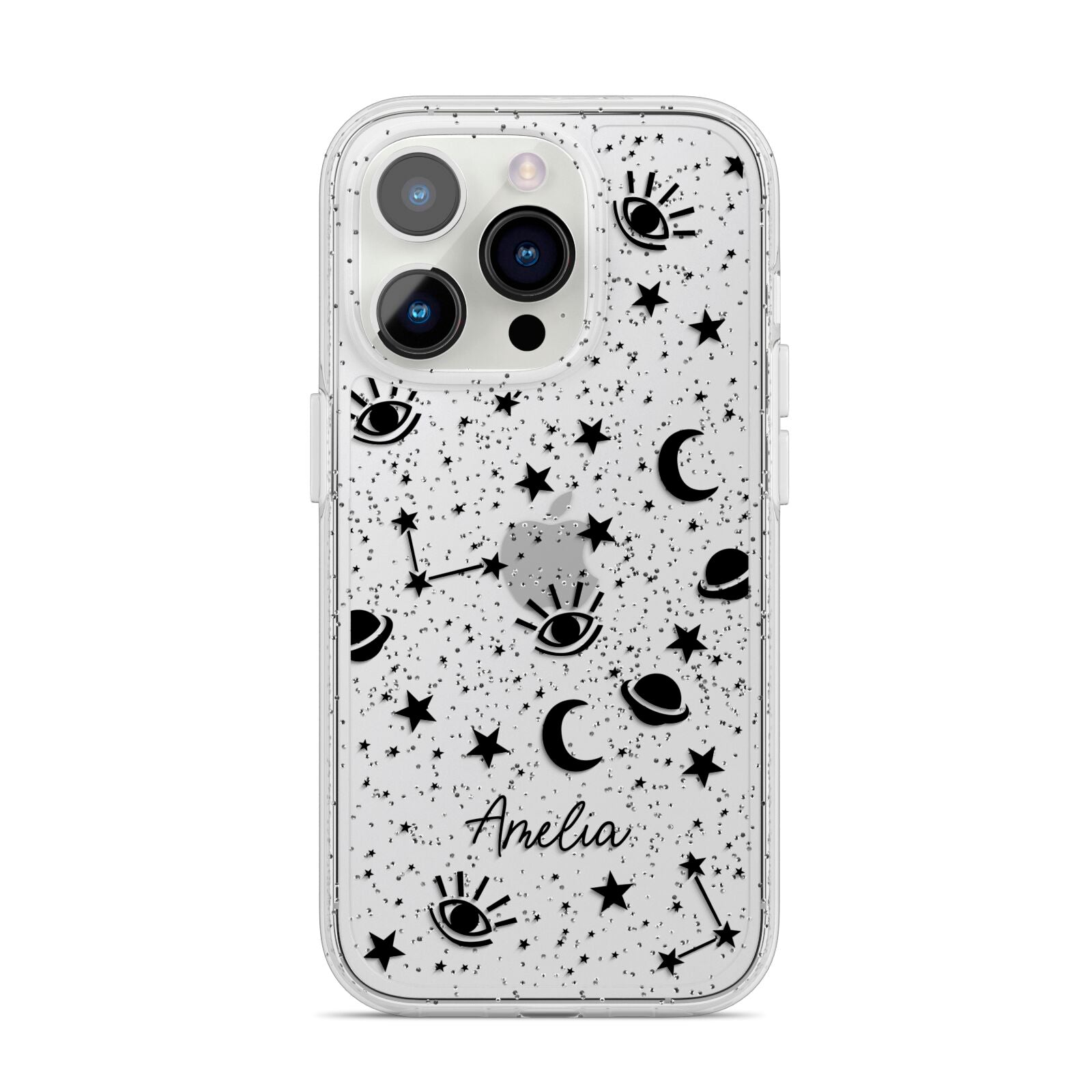 Monochrome Zodiac Constellations with Name iPhone 14 Pro Glitter Tough Case Silver
