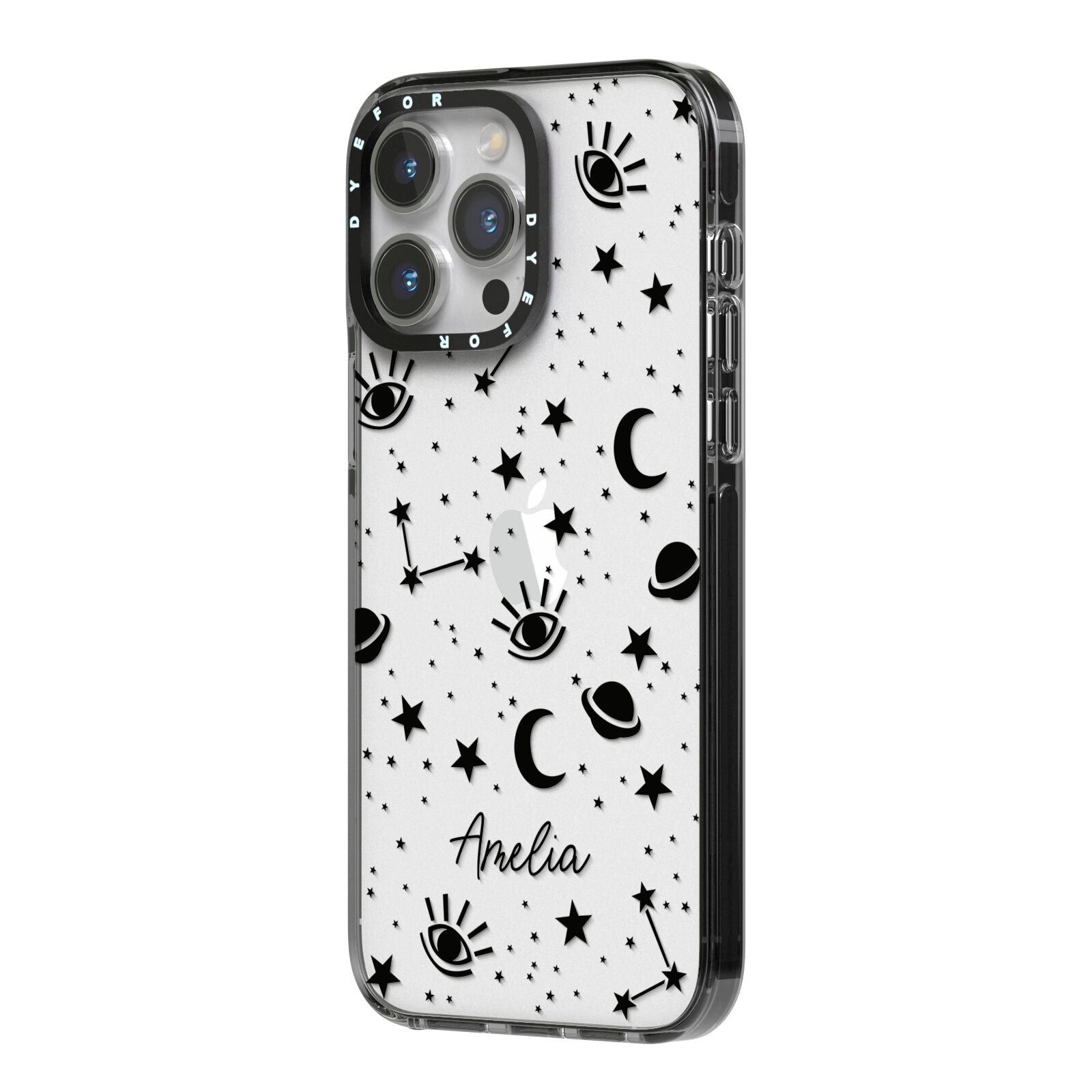 Monochrome Zodiac Constellations with Name iPhone 14 Pro Max Black Impact Case Side Angle on Silver phone