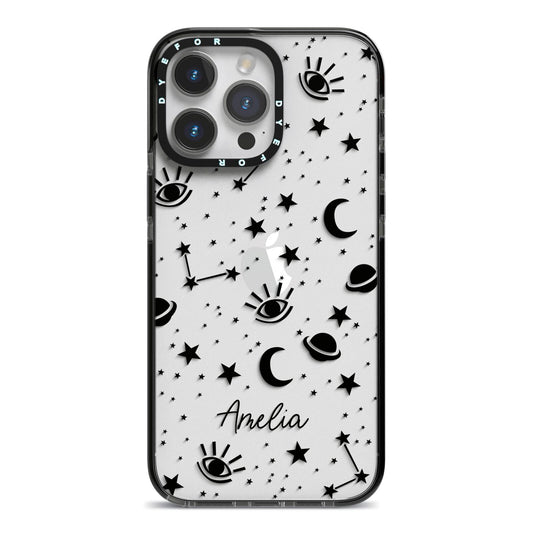 Monochrome Zodiac Constellations with Name iPhone 14 Pro Max Black Impact Case on Silver phone