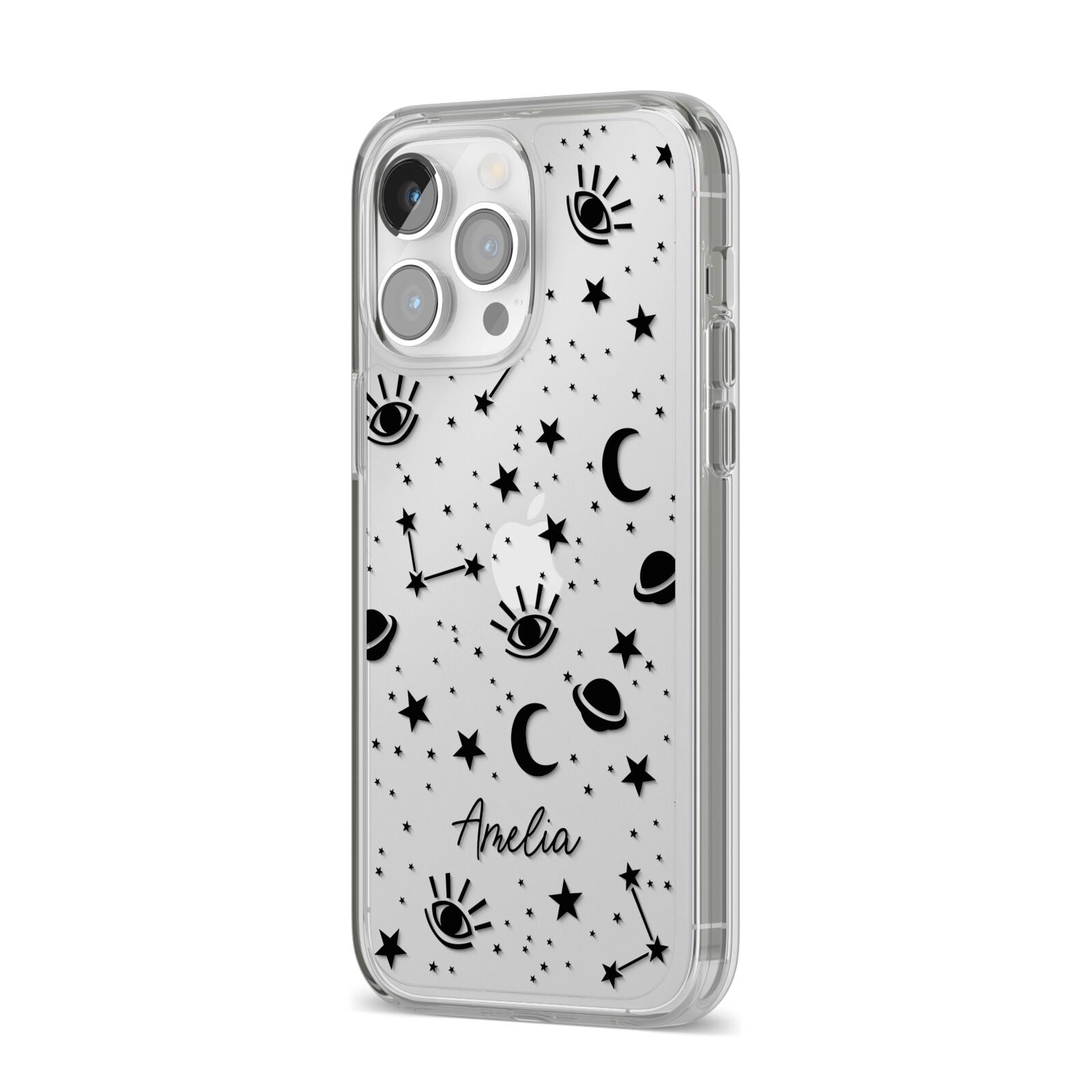 Monochrome Zodiac Constellations with Name iPhone 14 Pro Max Clear Tough Case Silver Angled Image