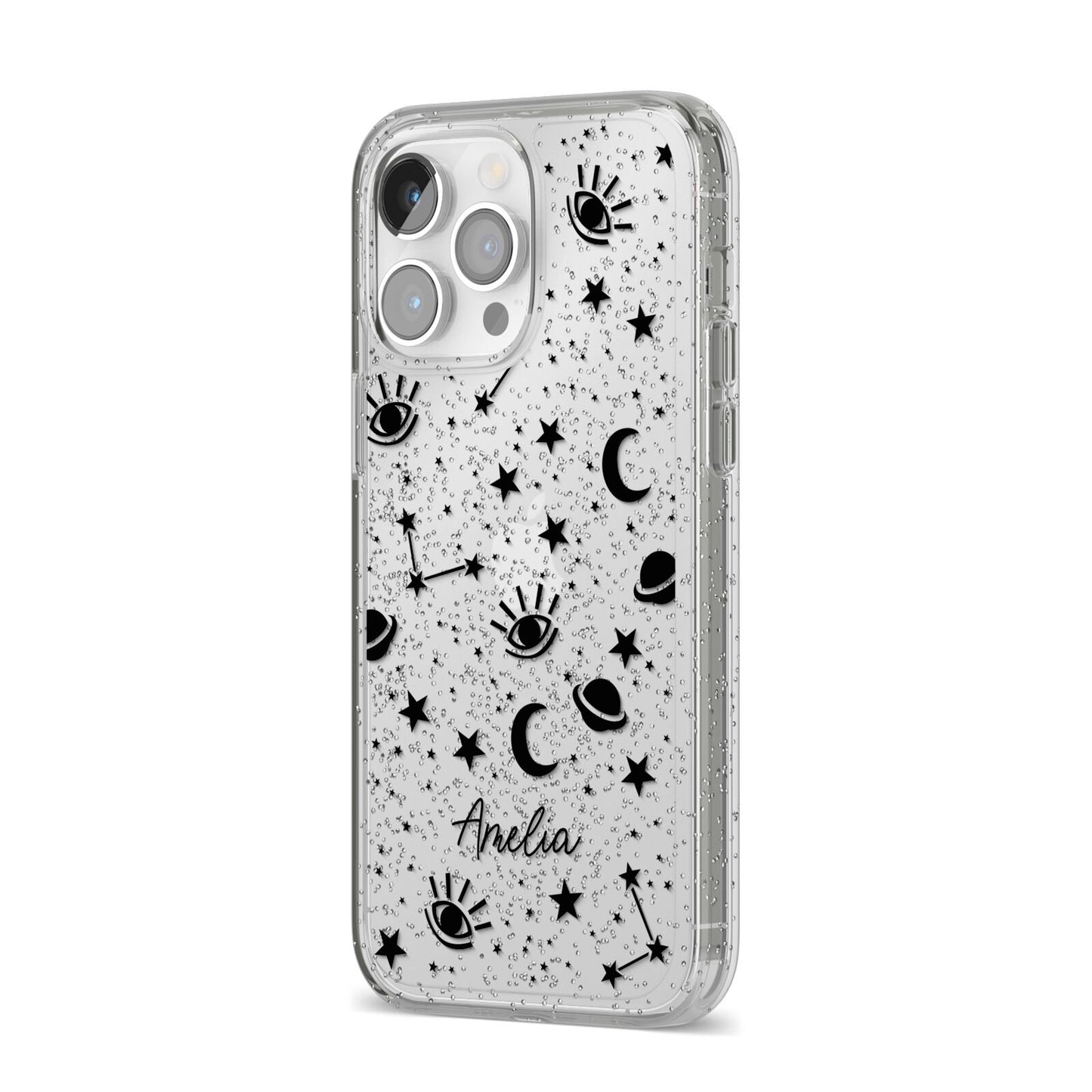 Monochrome Zodiac Constellations with Name iPhone 14 Pro Max Glitter Tough Case Silver Angled Image