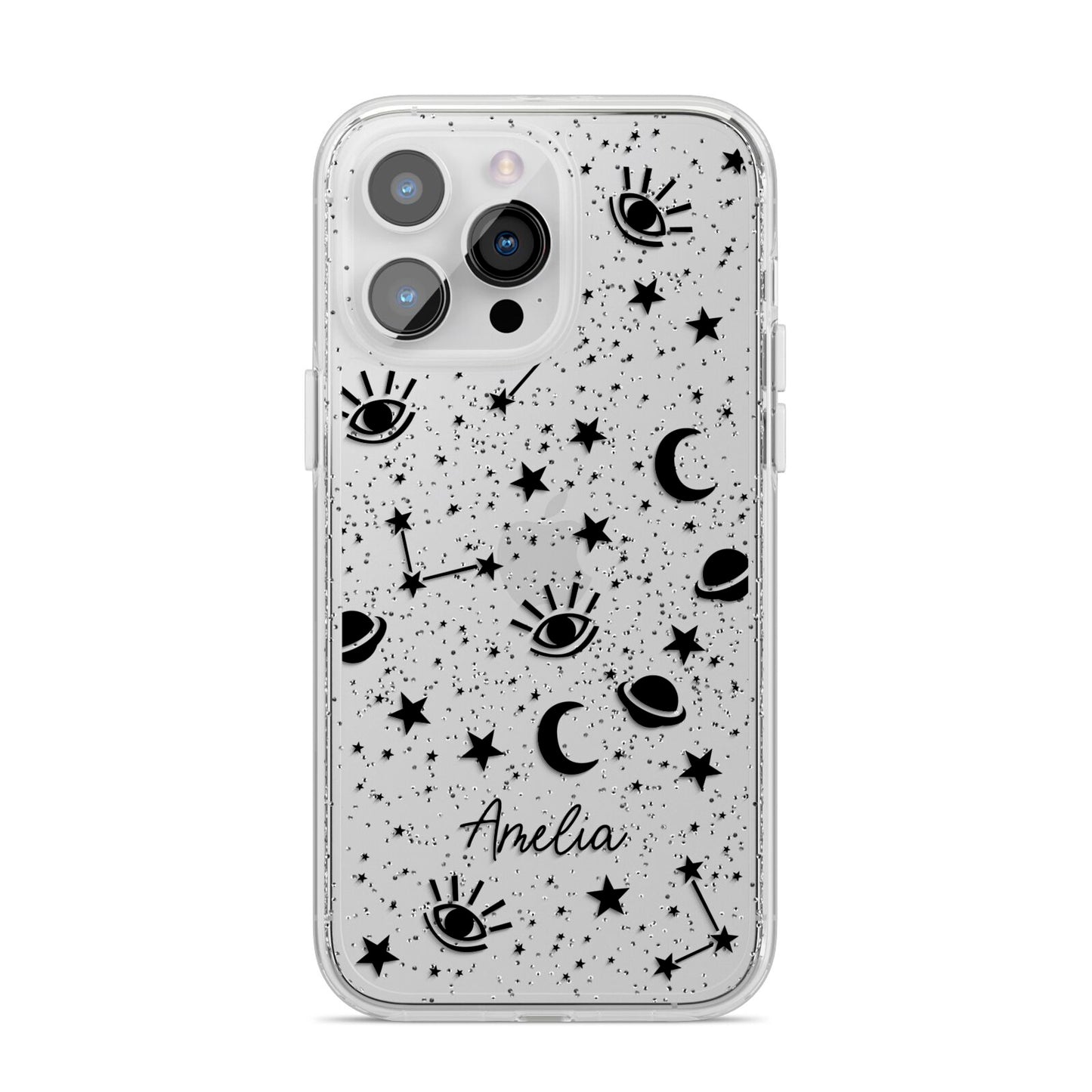 Monochrome Zodiac Constellations with Name iPhone 14 Pro Max Glitter Tough Case Silver