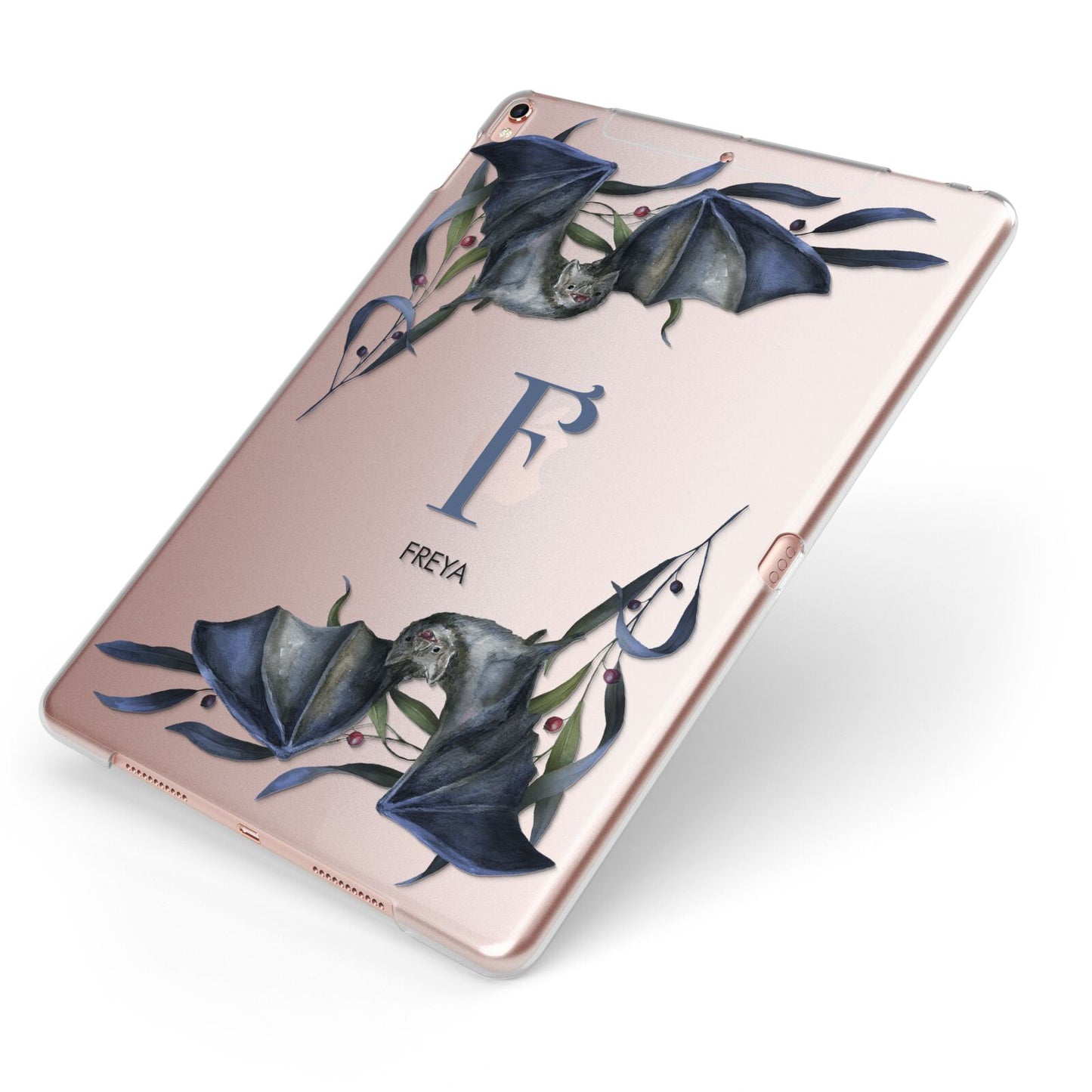 Monogram Bats Apple iPad Case on Rose Gold iPad Side View