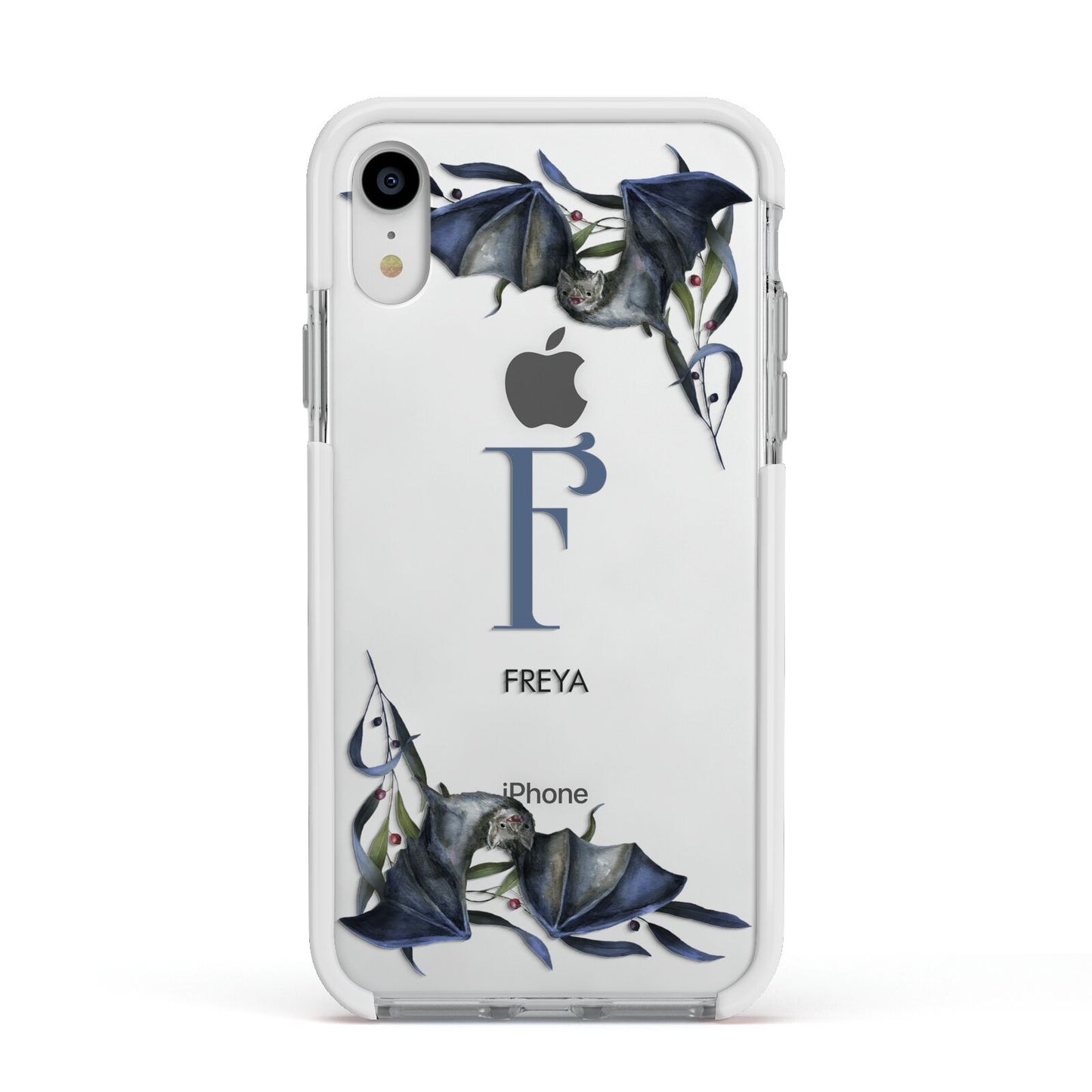 Monogram Bats Apple iPhone XR Impact Case White Edge on Silver Phone
