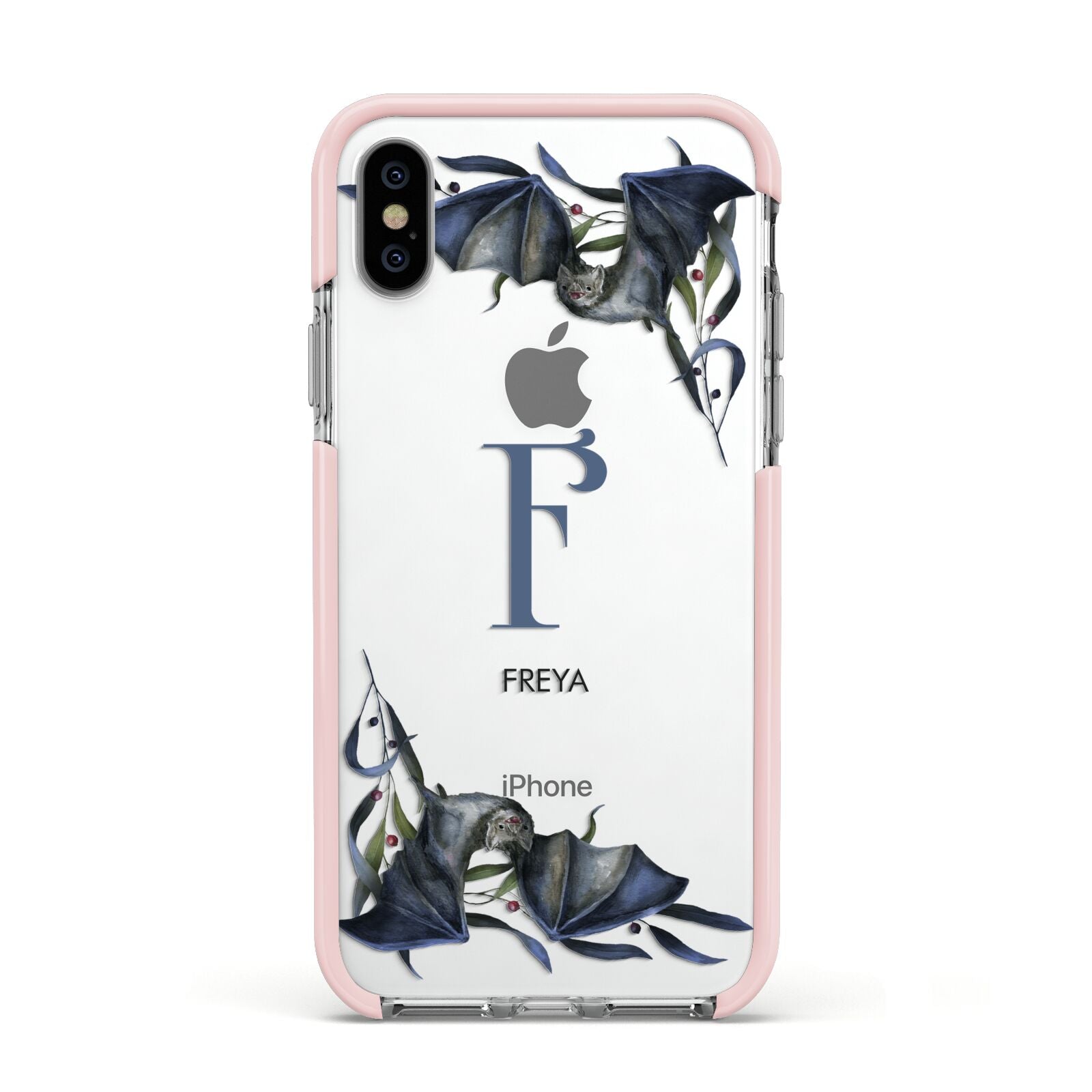 Monogram Bats Apple iPhone Xs Impact Case Pink Edge on Silver Phone
