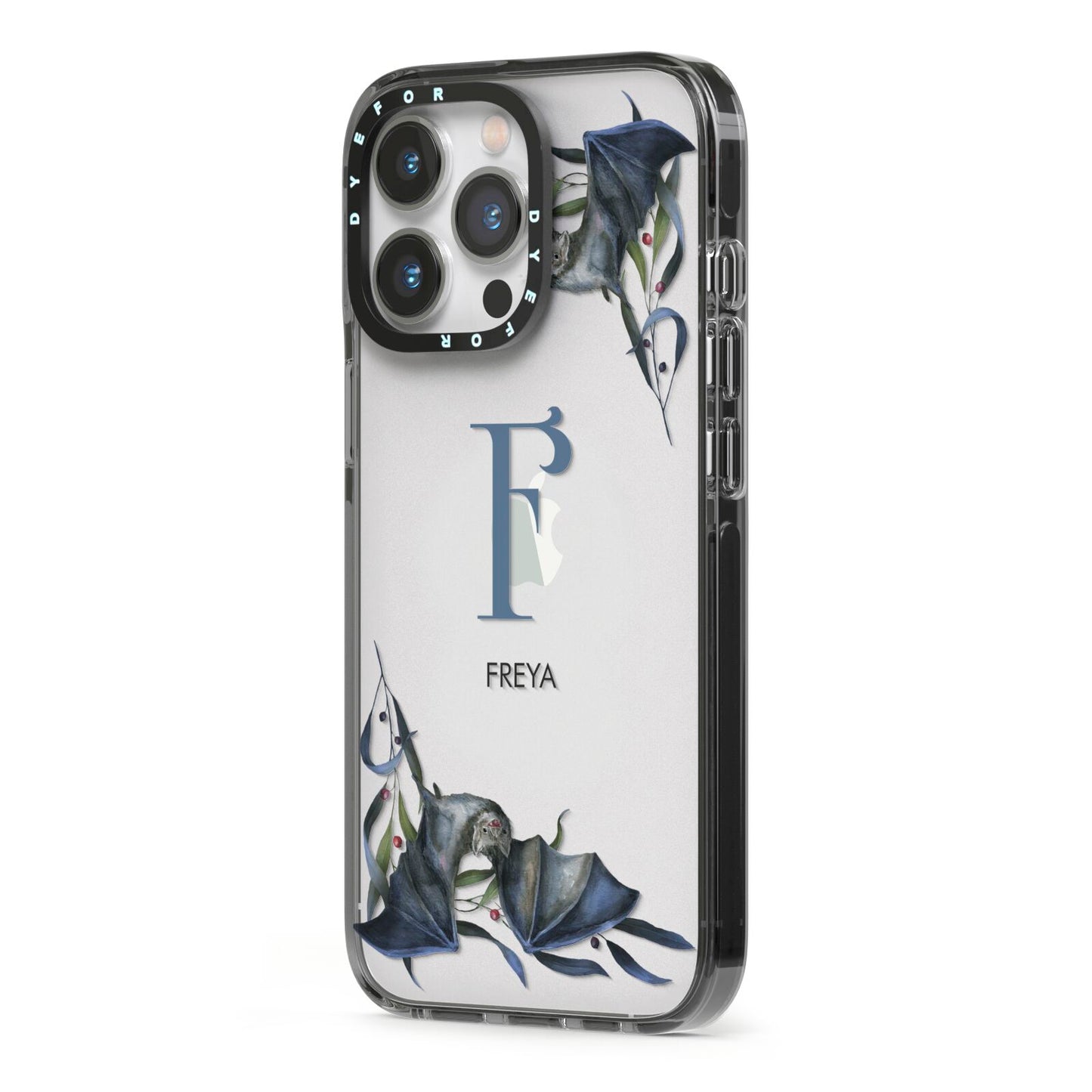 Monogram Bats iPhone 13 Pro Black Impact Case Side Angle on Silver phone