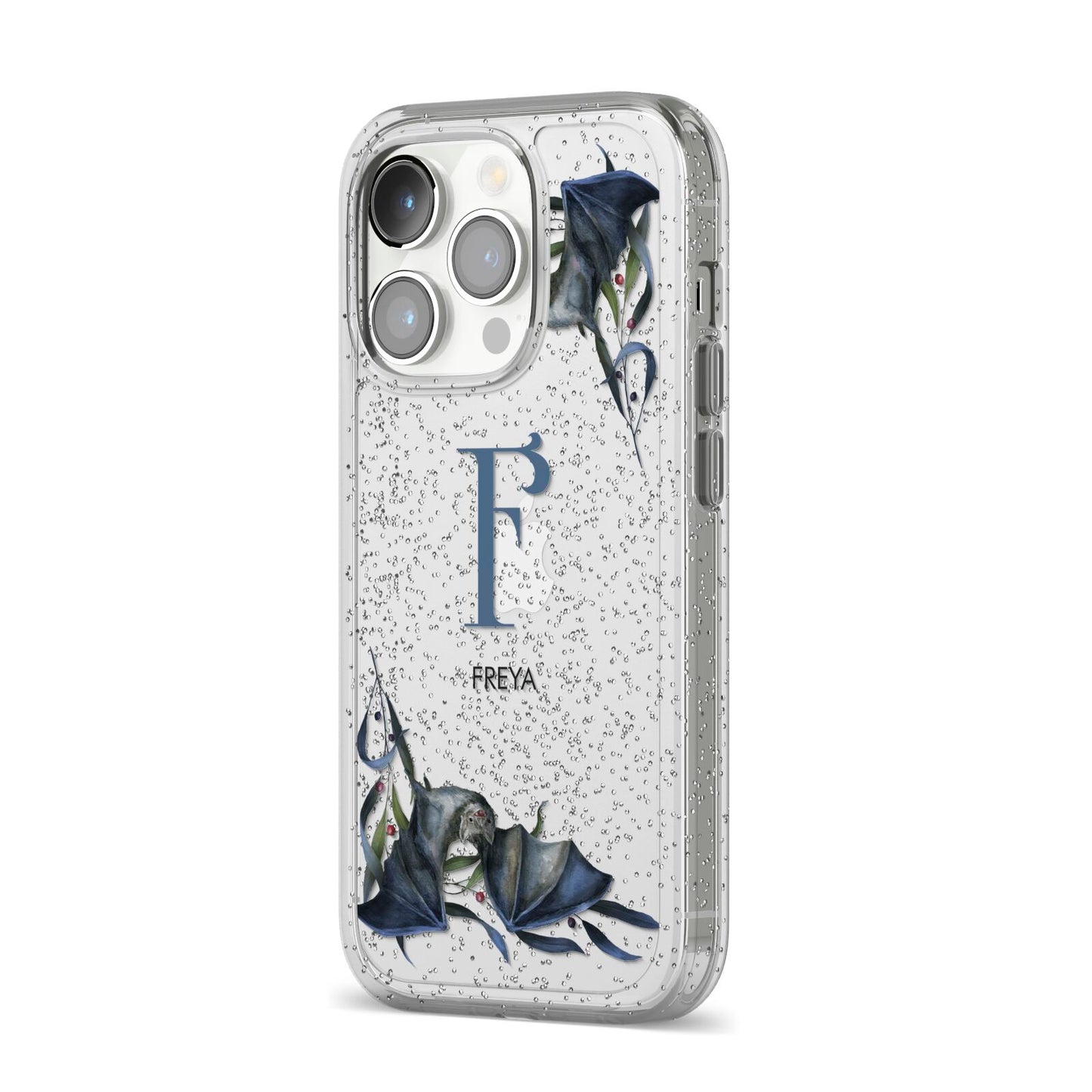Monogram Bats iPhone 14 Pro Glitter Tough Case Silver Angled Image