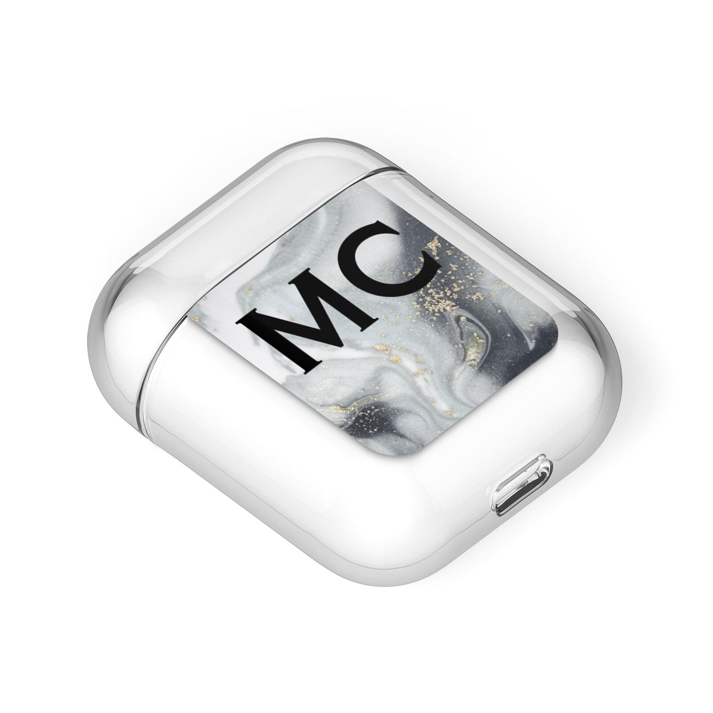 Monogram Black White Swirl Marble AirPods Case Laid Flat