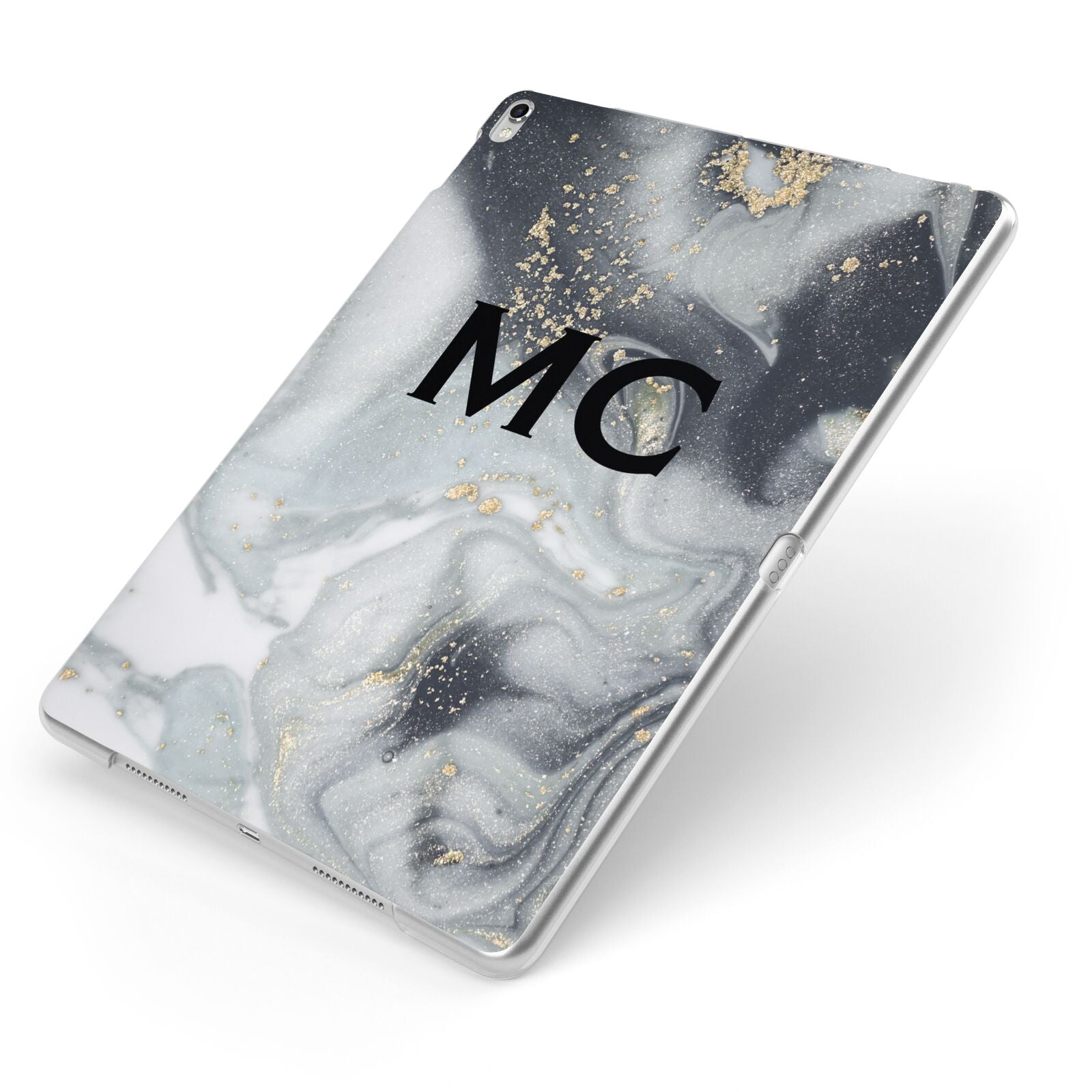 Monogram Black White Swirl Marble Apple iPad Case on Silver iPad Side View