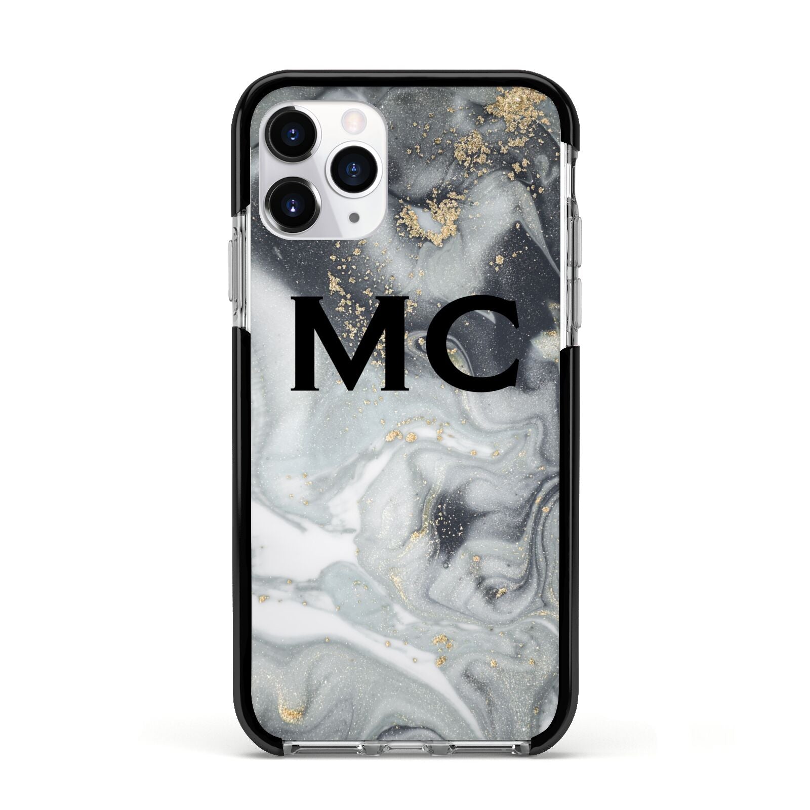 Monogram Black White Swirl Marble Apple iPhone 11 Pro in Silver with Black Impact Case