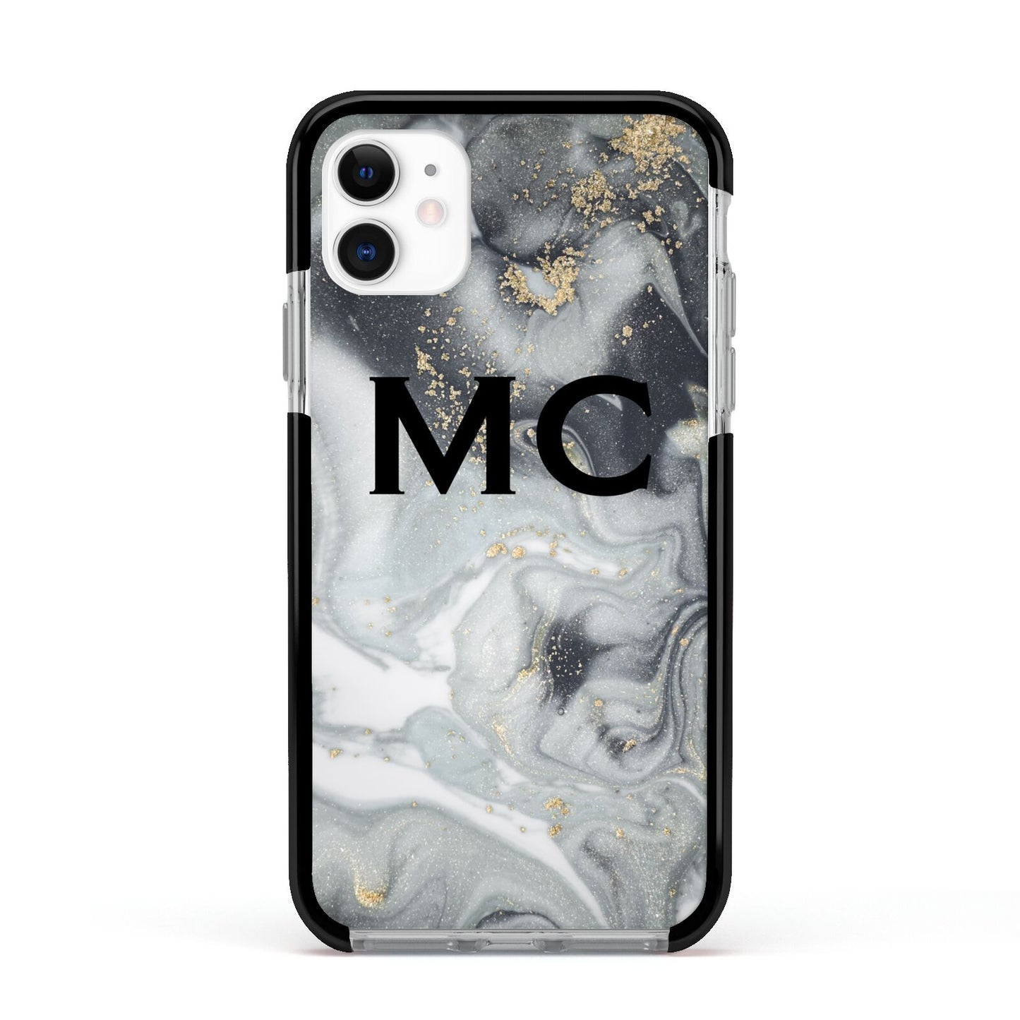 Monogram Black White Swirl Marble Apple iPhone 11 in White with Black Impact Case