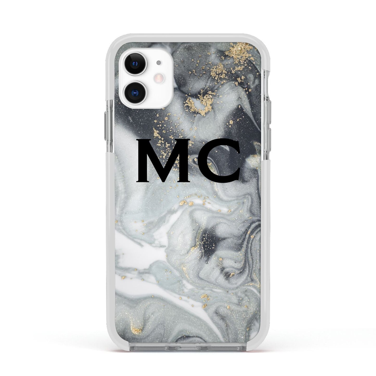 Monogram Black White Swirl Marble Apple iPhone 11 in White with White Impact Case