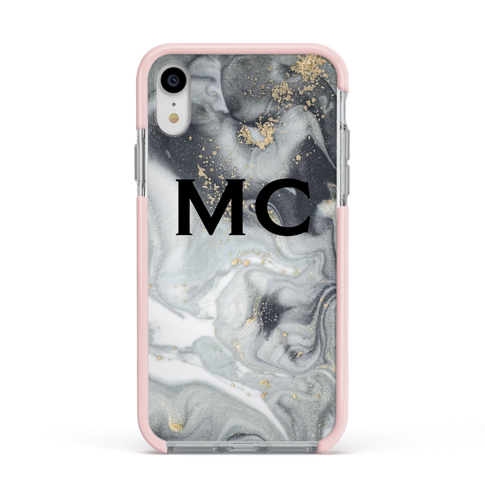 Monogram Black White Swirl Marble Apple iPhone XR Impact Case Pink Edge on Silver Phone