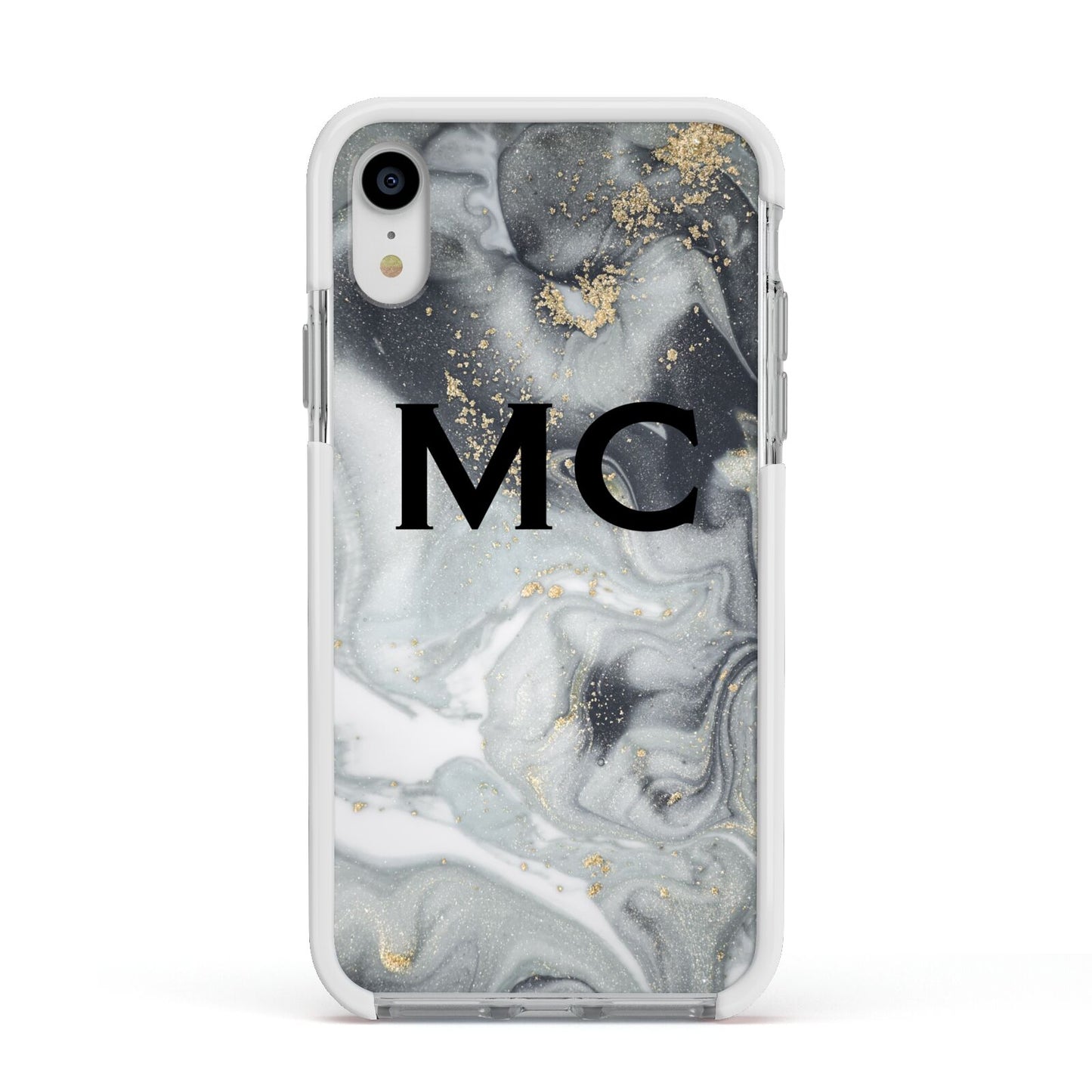 Monogram Black White Swirl Marble Apple iPhone XR Impact Case White Edge on Silver Phone