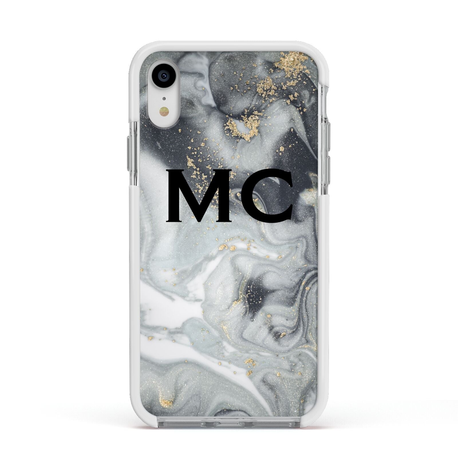Monogram Black White Swirl Marble Apple iPhone XR Impact Case White Edge on Silver Phone