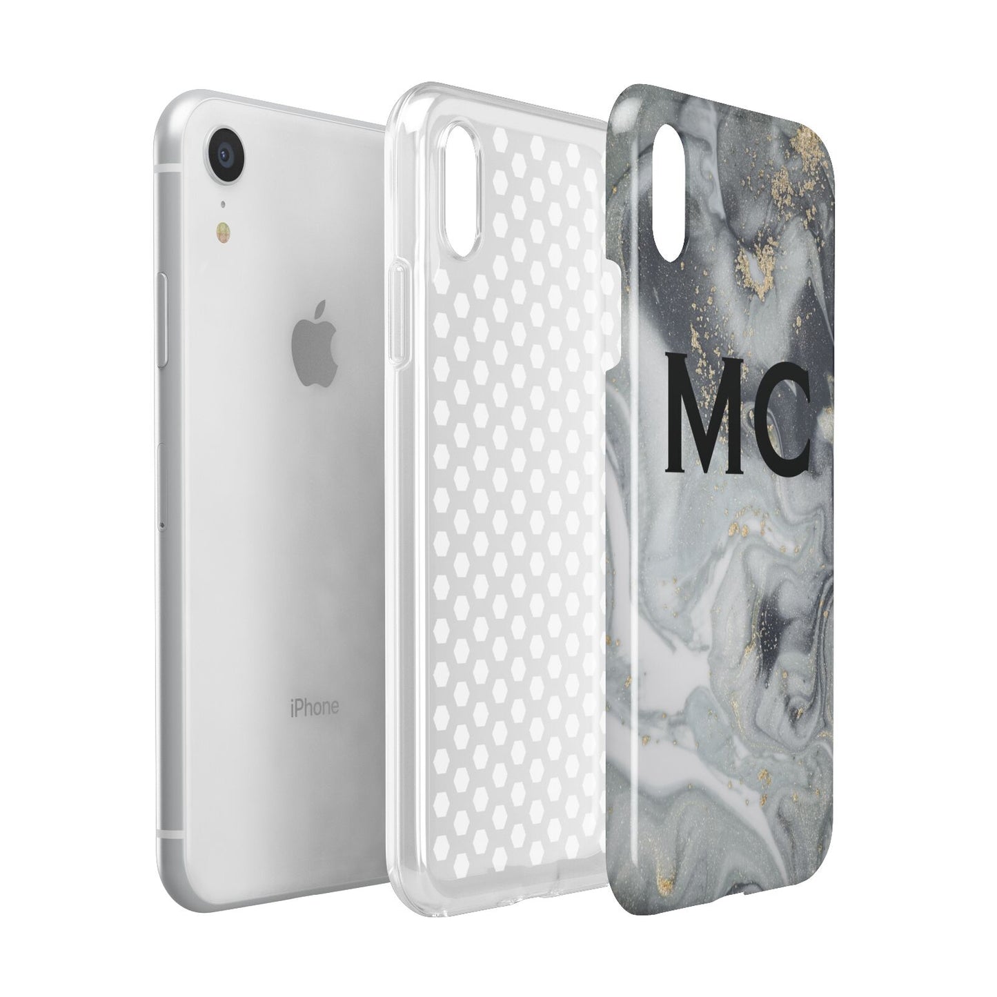 Monogram Black White Swirl Marble Apple iPhone XR White 3D Tough Case Expanded view