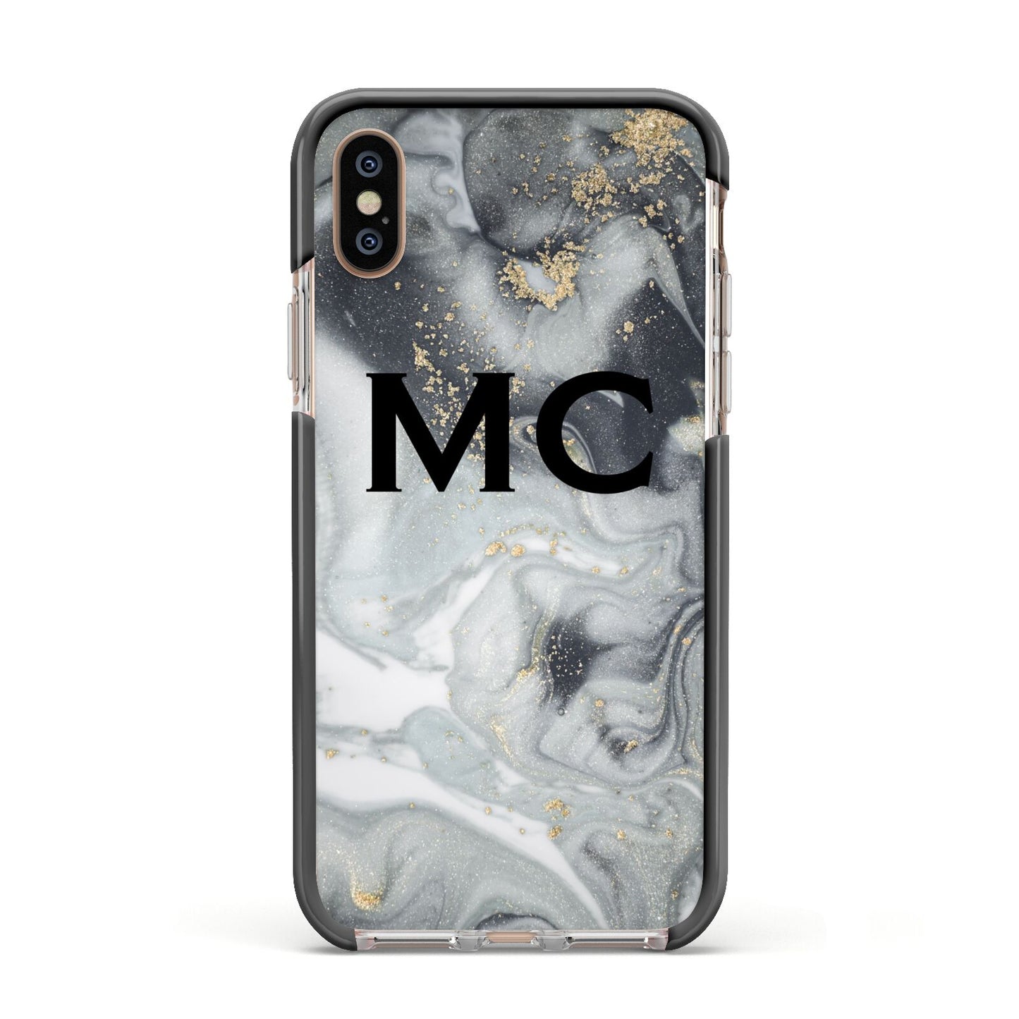 Monogram Black White Swirl Marble Apple iPhone Xs Impact Case Black Edge on Gold Phone