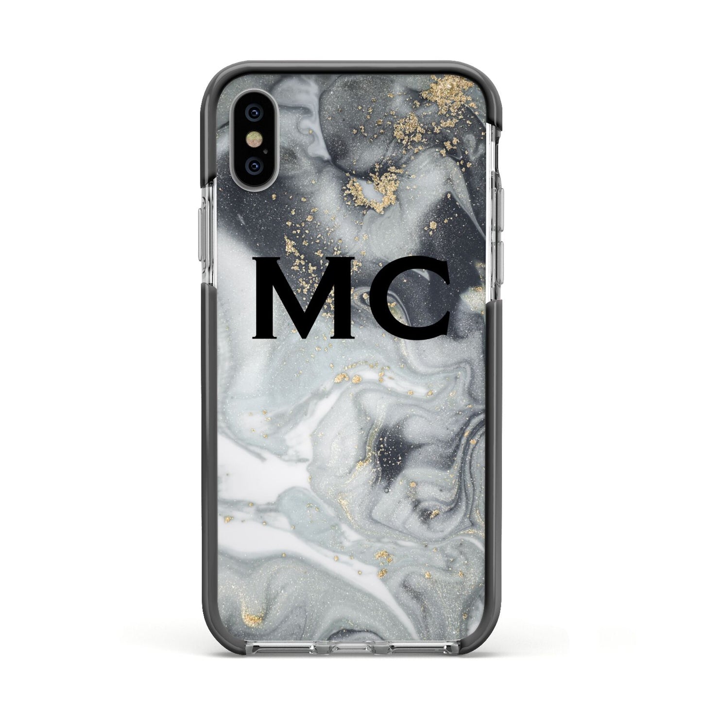 Monogram Black White Swirl Marble Apple iPhone Xs Impact Case Black Edge on Silver Phone