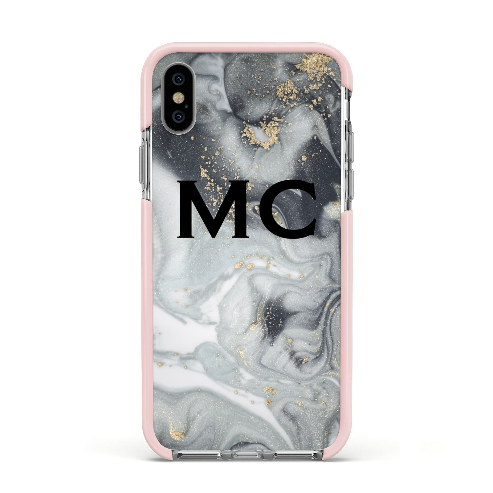 Monogram Black White Swirl Marble Apple iPhone Xs Impact Case Pink Edge on Silver Phone