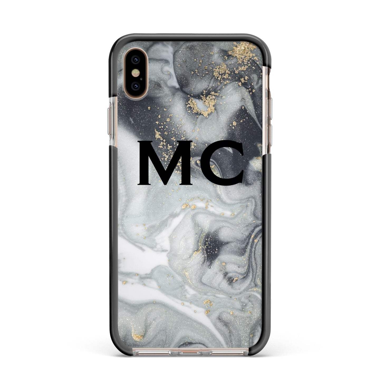 Monogram Black White Swirl Marble Apple iPhone Xs Max Impact Case Black Edge on Gold Phone